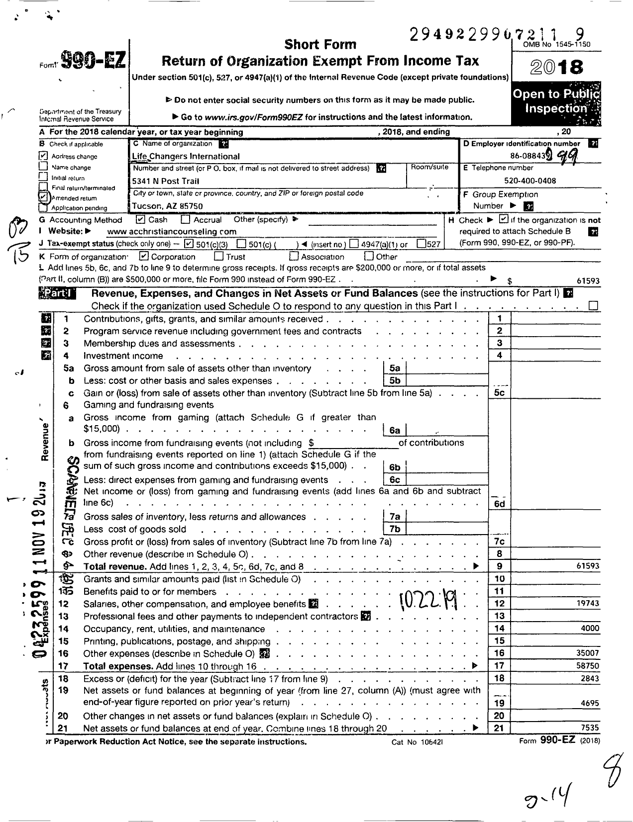 Image of first page of 2018 Form 990EZ for Life Changes International