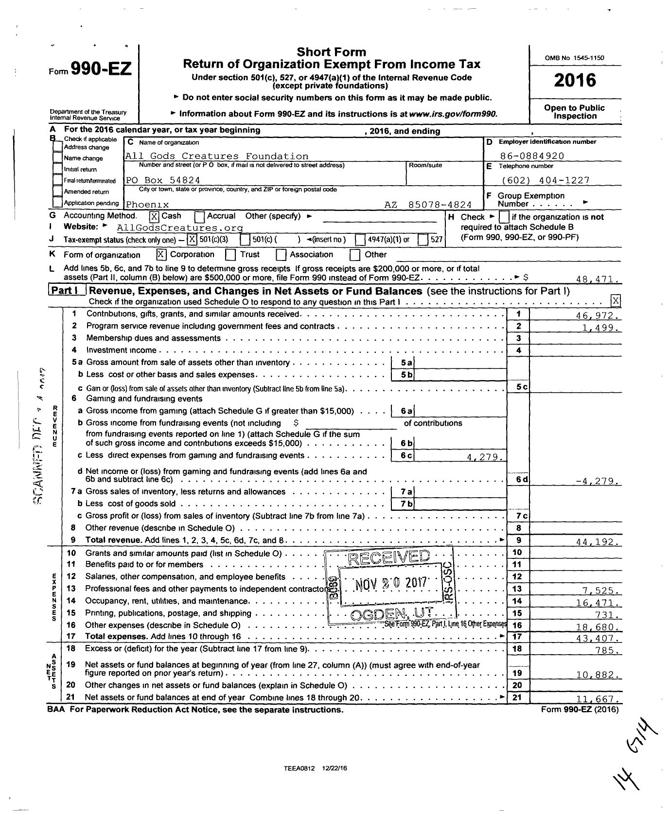 Image of first page of 2016 Form 990EZ for All Gods Creatures Foundation