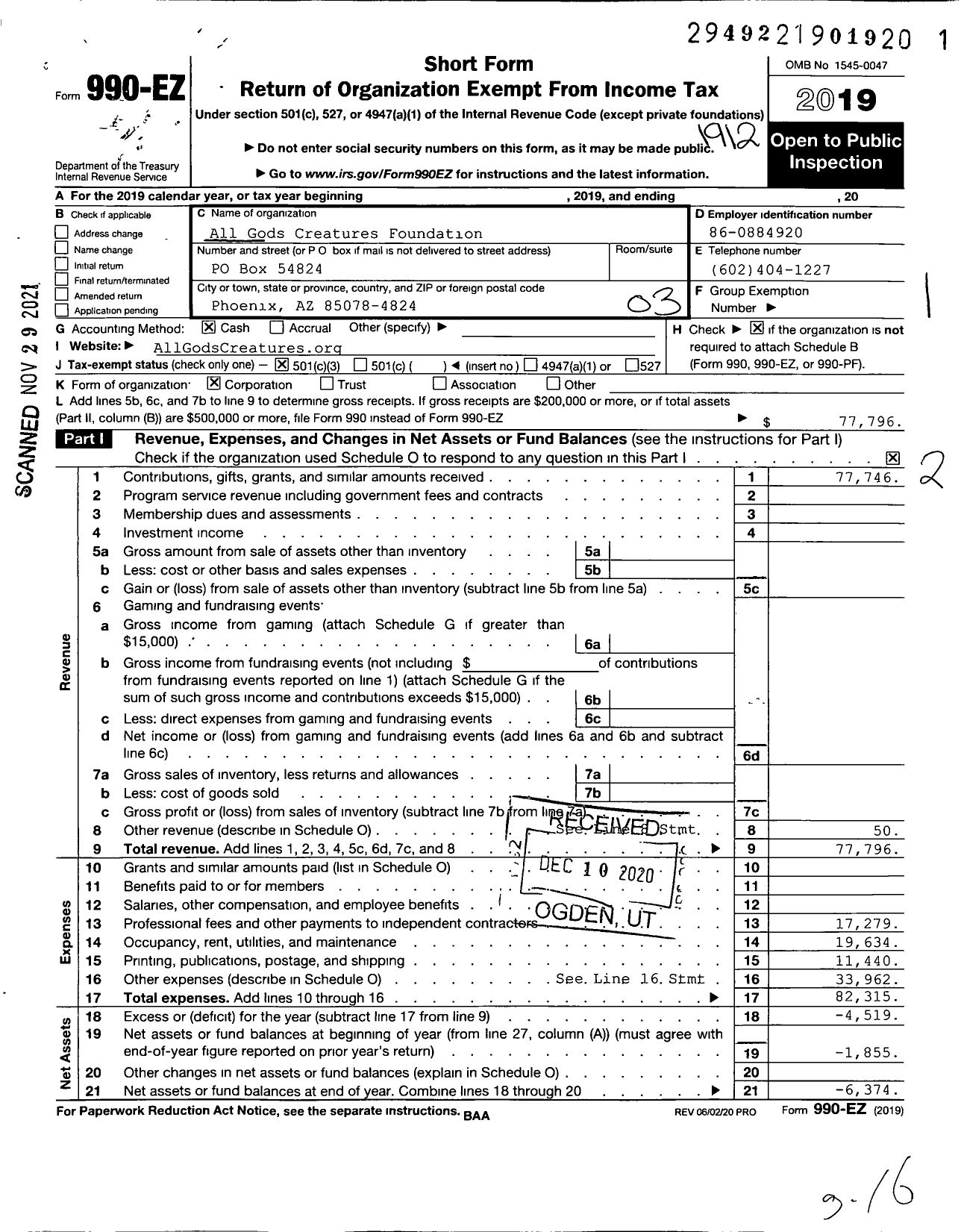 Image of first page of 2019 Form 990EZ for All Gods Creatures Foundation