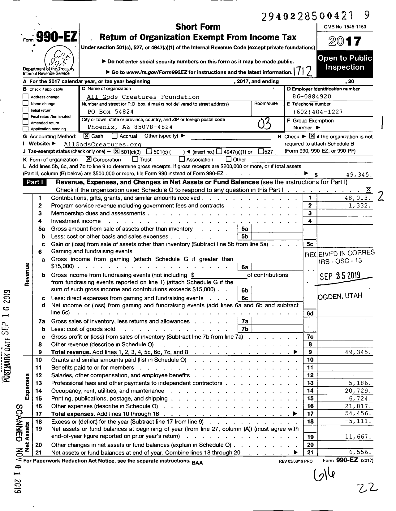 Image of first page of 2017 Form 990EZ for All Gods Creatures Foundation