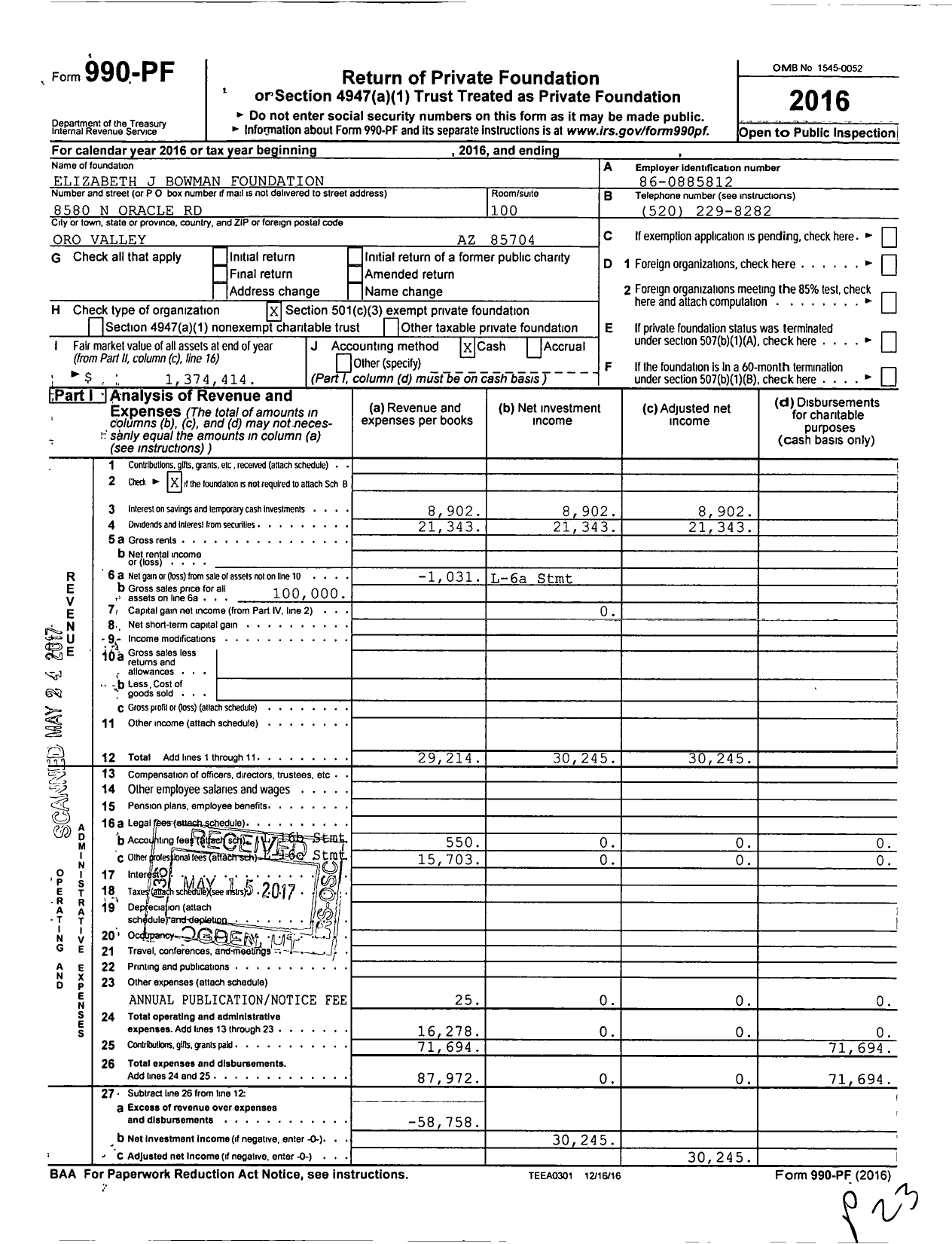 Image of first page of 2016 Form 990PF for Bowman Foundation