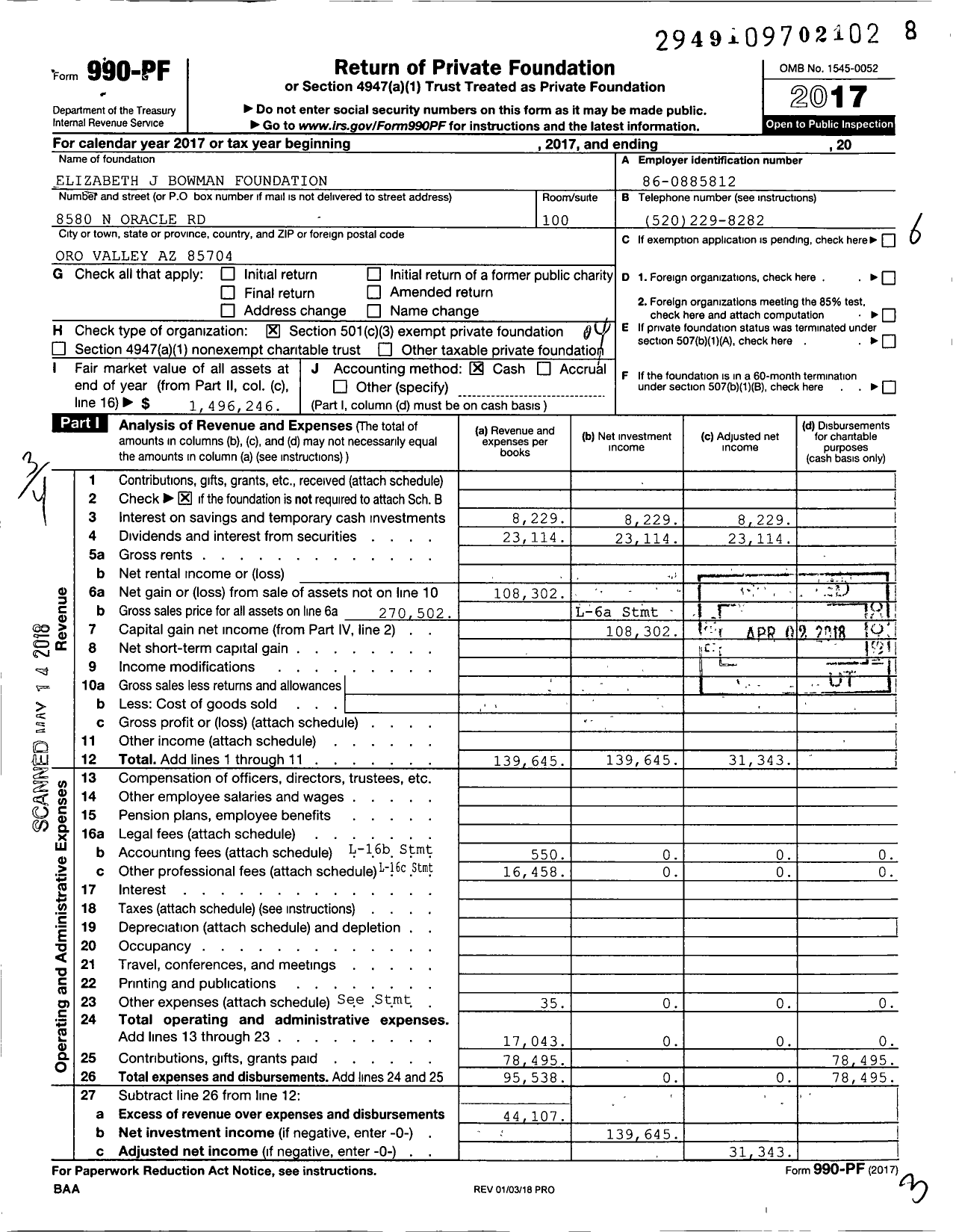 Image of first page of 2017 Form 990PF for Bowman Foundation