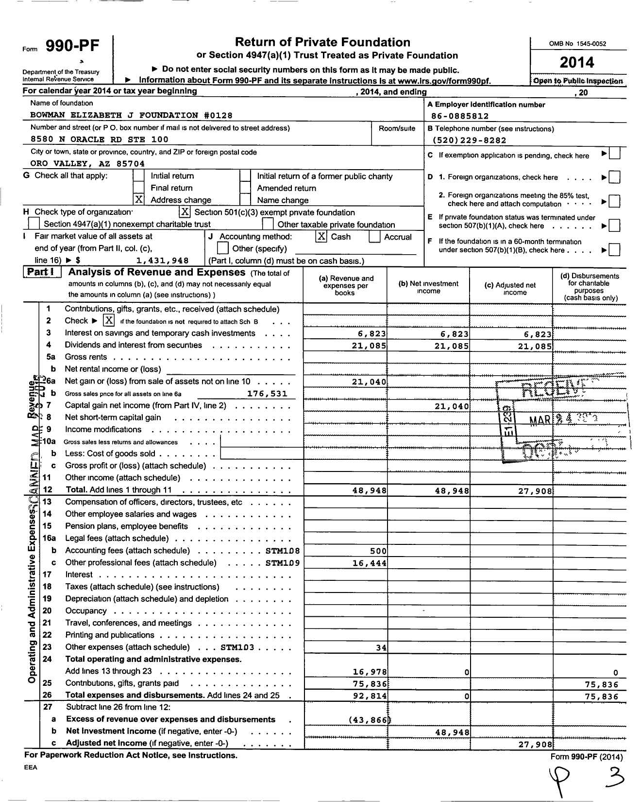 Image of first page of 2014 Form 990PF for Bowman Foundation