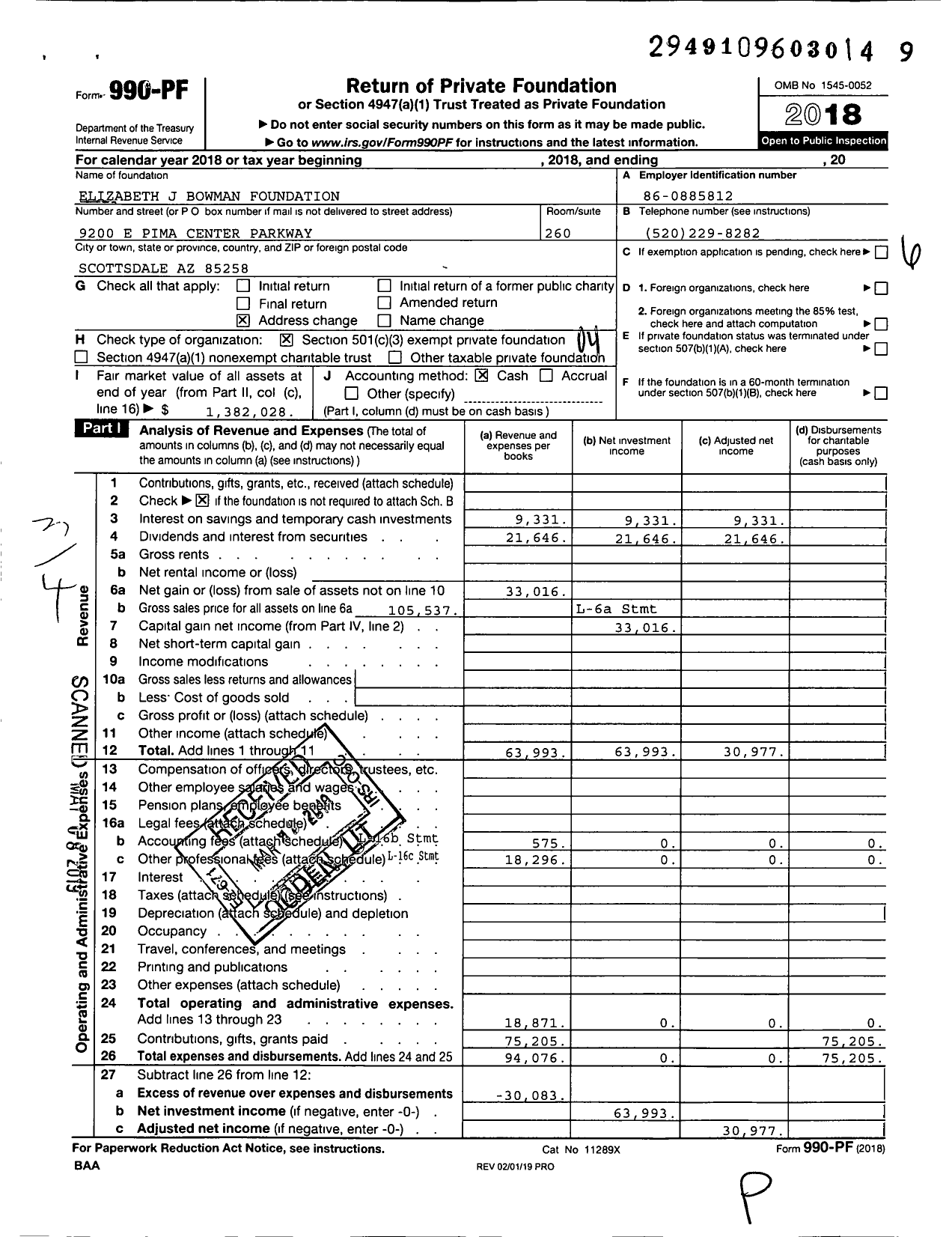 Image of first page of 2018 Form 990PF for Bowman Foundation
