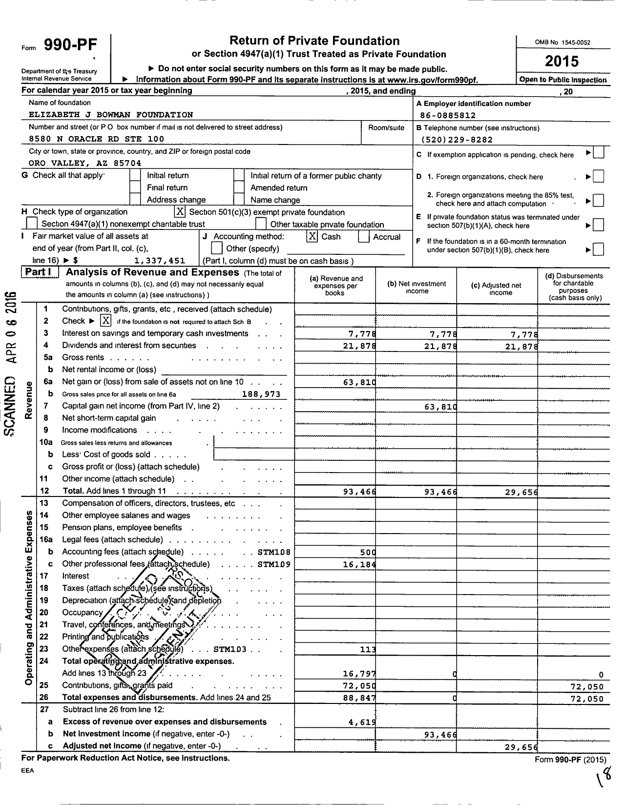 Image of first page of 2015 Form 990PF for Bowman Foundation