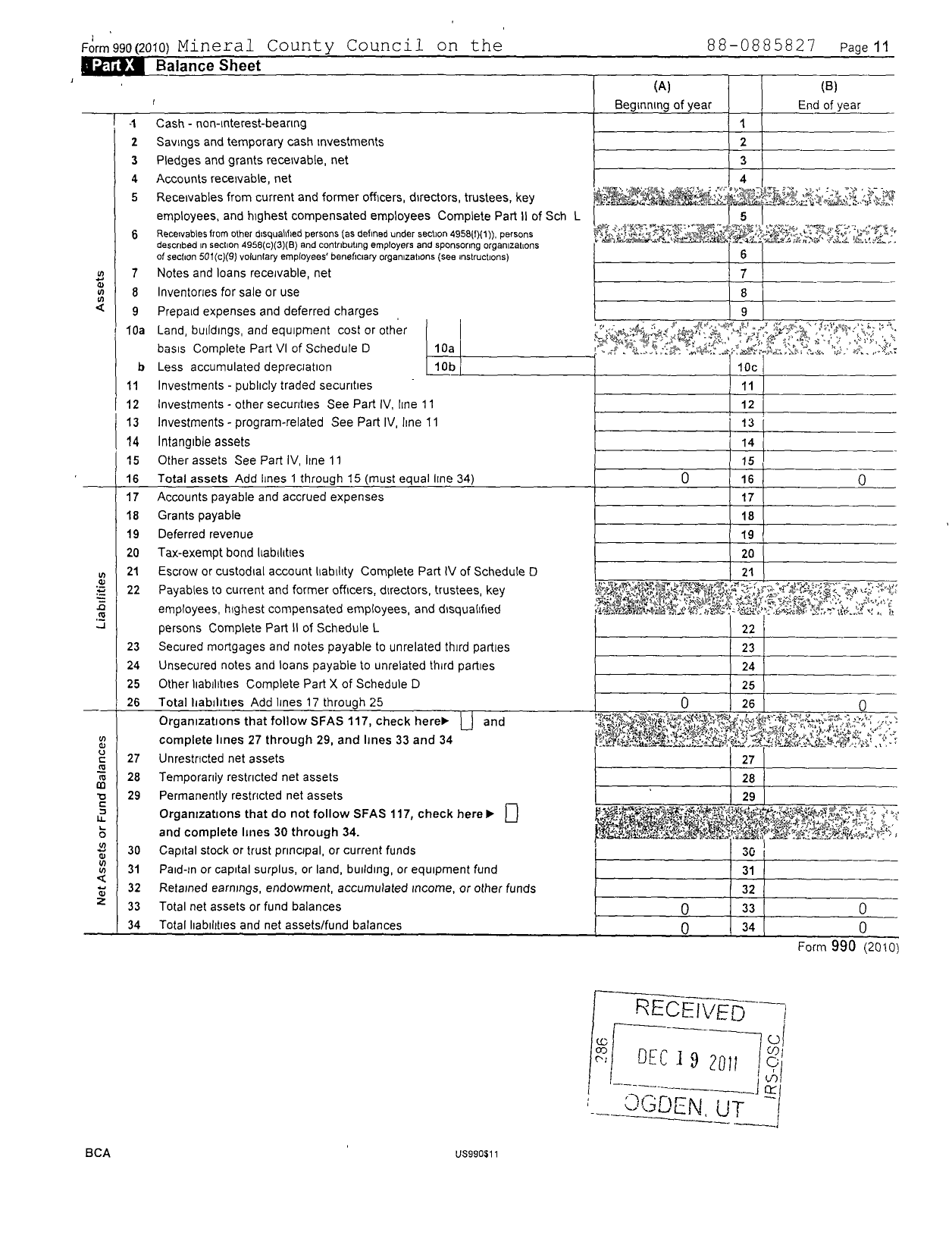 Image of first page of 2010 Form 990R for Mineral County Council on the Arts