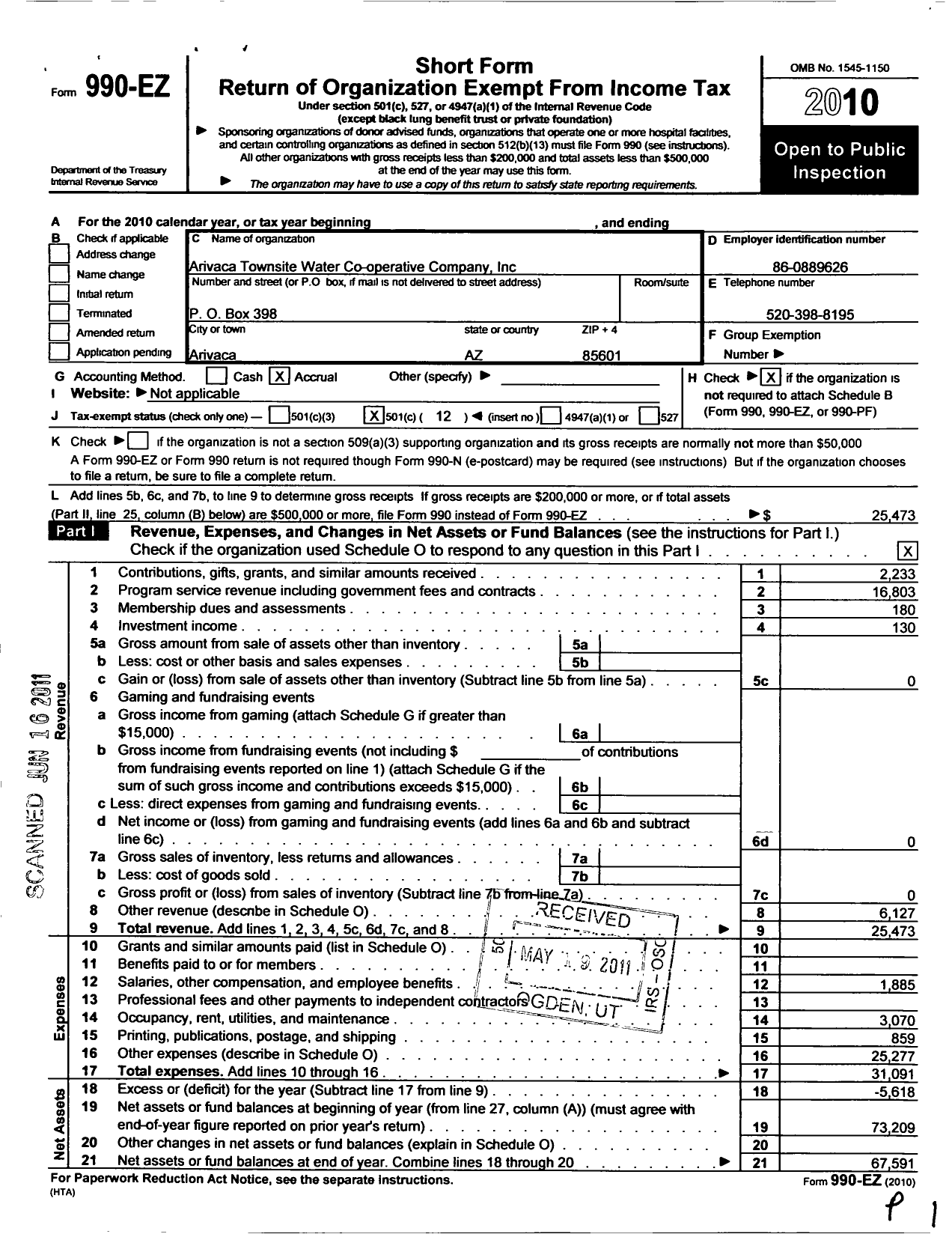 Image of first page of 2010 Form 990EO for Arivaca Townsite Water Co-Op