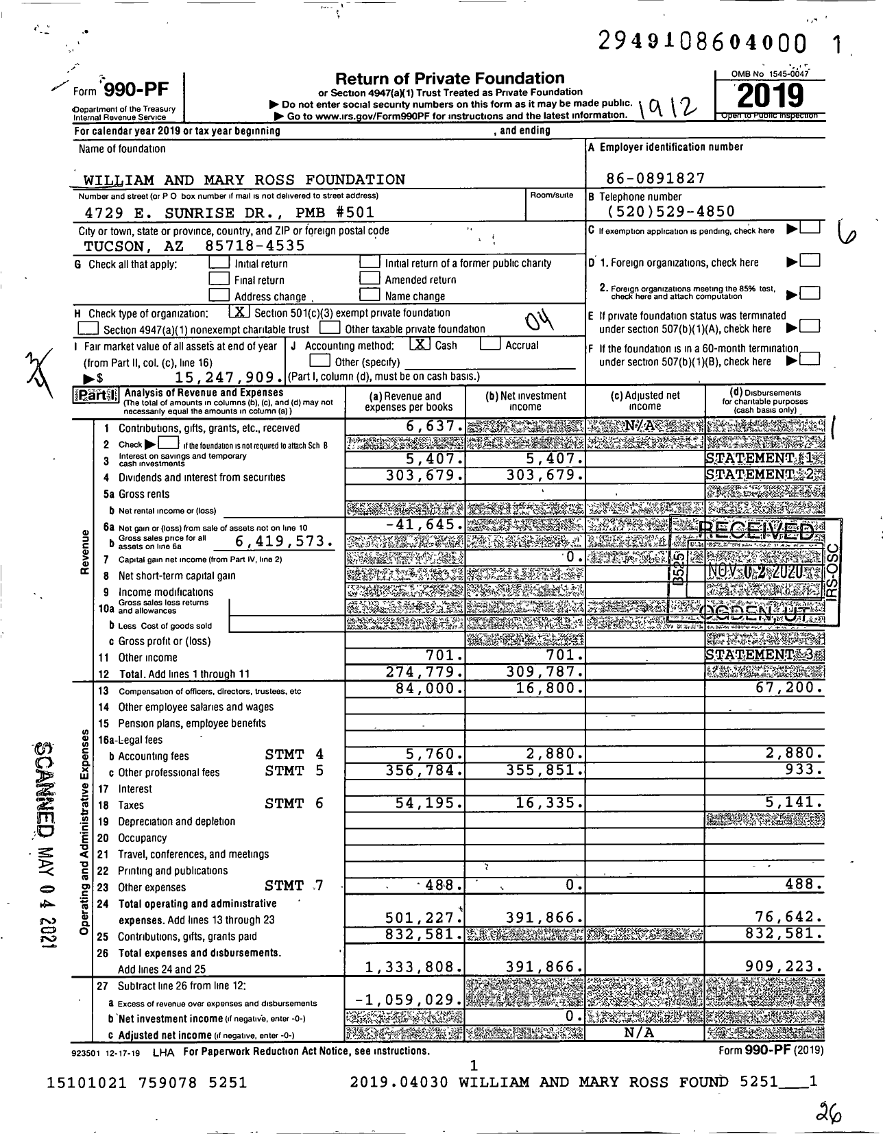 Image of first page of 2019 Form 990PF for William and Mary Ross Foundation