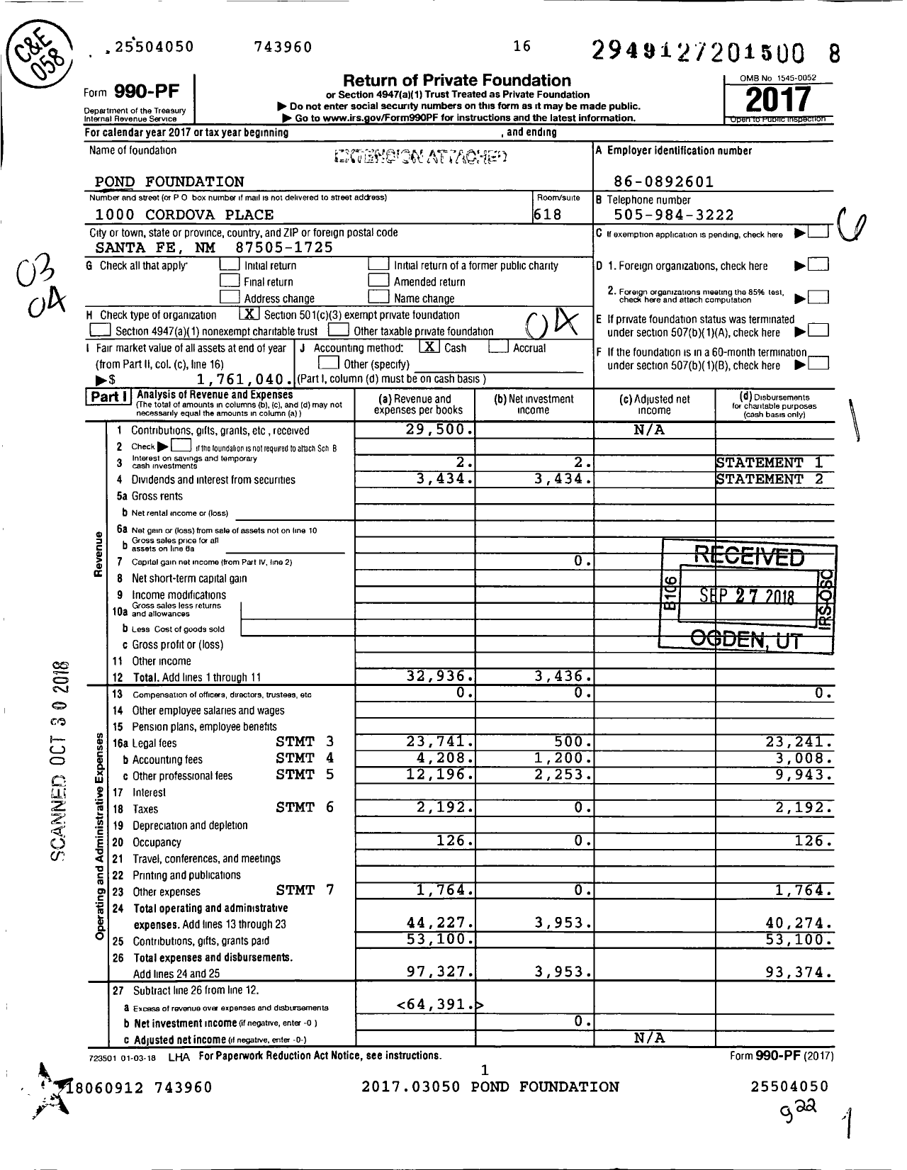 Image of first page of 2017 Form 990PF for Pond Foundation