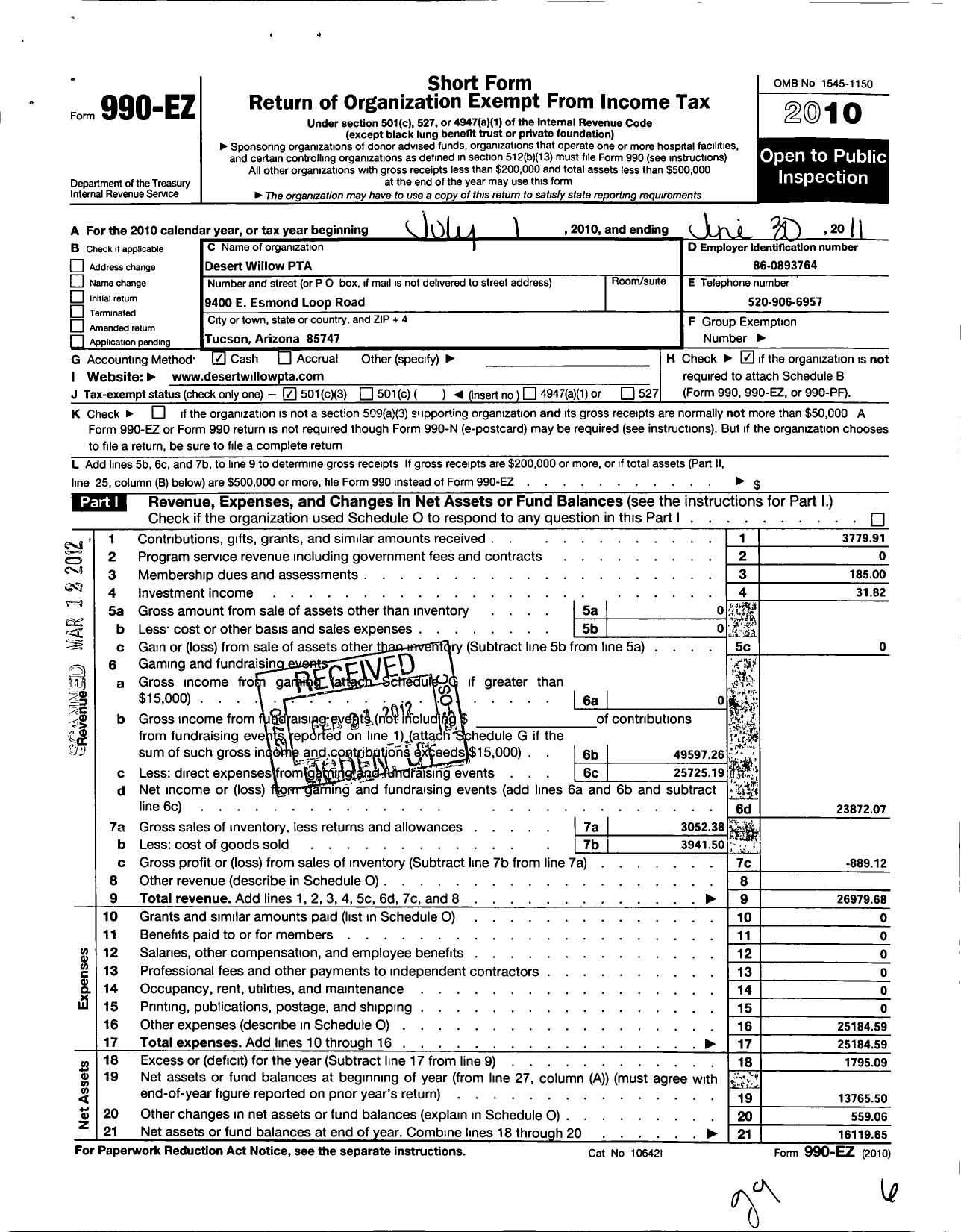 Image of first page of 2010 Form 990EZ for PTA Arizona Congress of Parents and Teachers / Desert Willow Elementary PTA