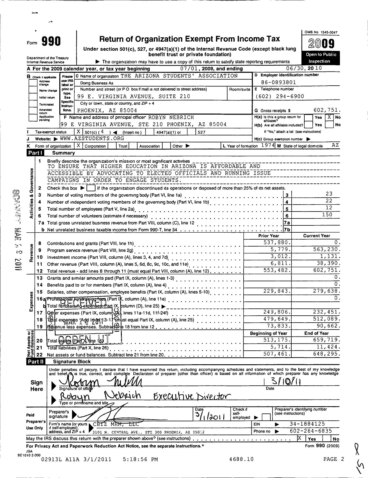Image of first page of 2009 Form 990O for The Arizona Students Association