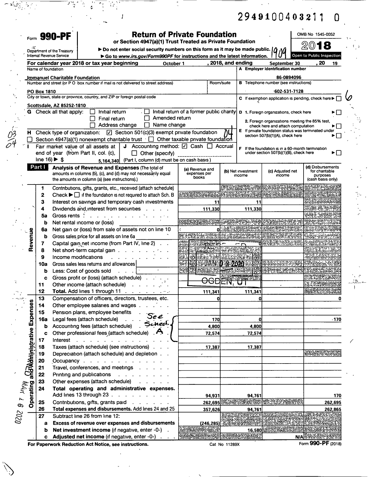 Image of first page of 2018 Form 990PR for Immanuel Charitable Foundation