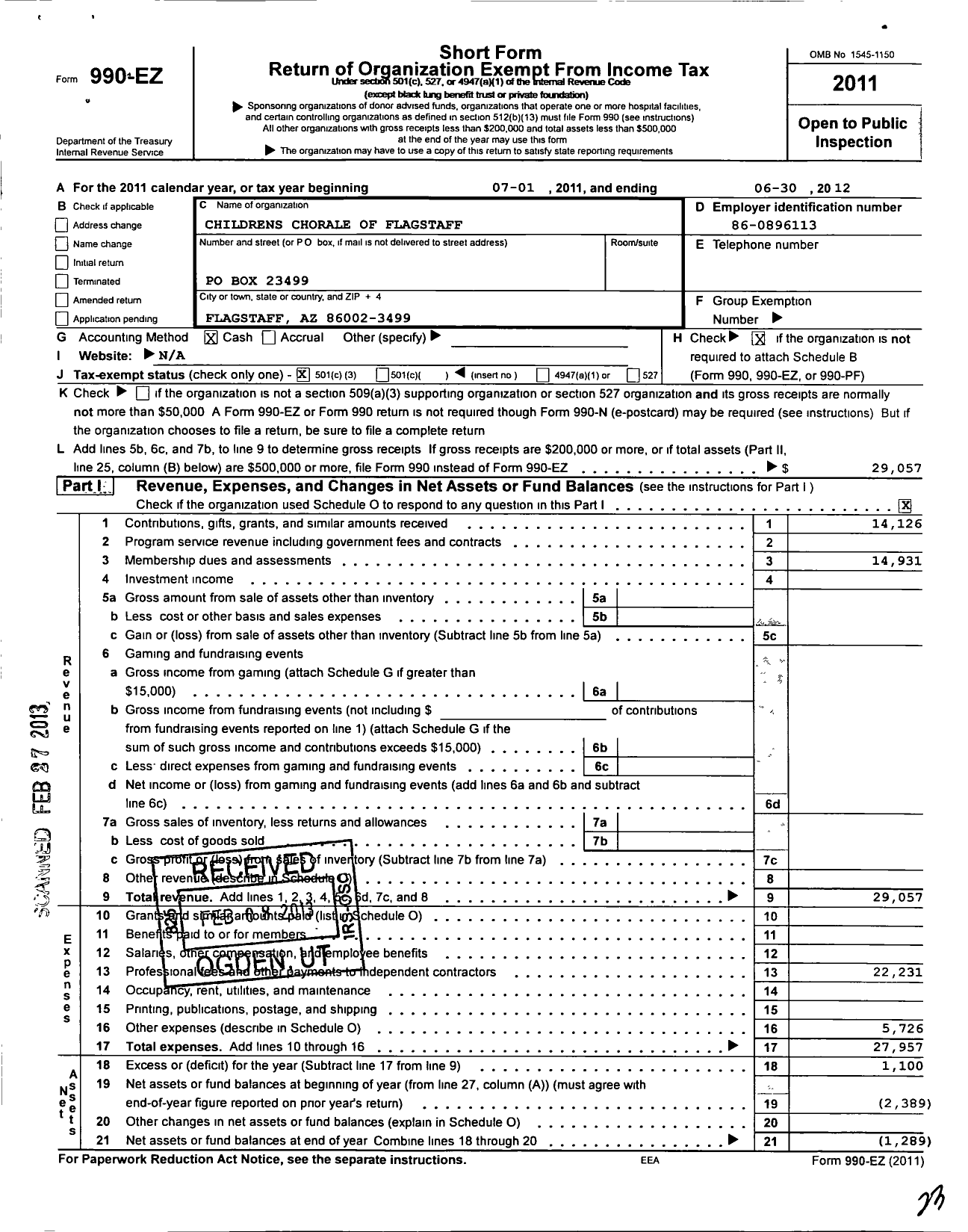 Image of first page of 2011 Form 990EZ for Childrens Chorale of Flagstaff