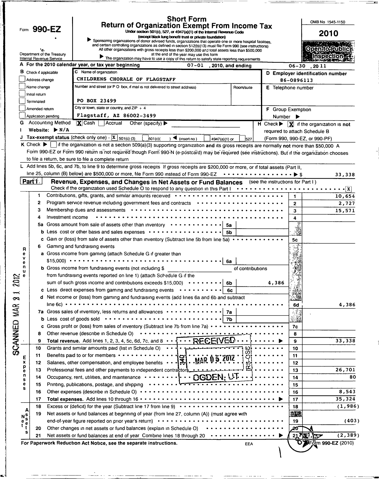 Image of first page of 2010 Form 990EZ for Childrens Chorale of Flagstaff