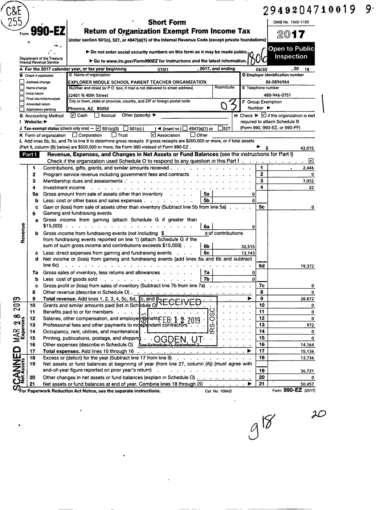 Image of first page of 2017 Form 990EZ for Explorer Middle School Pto