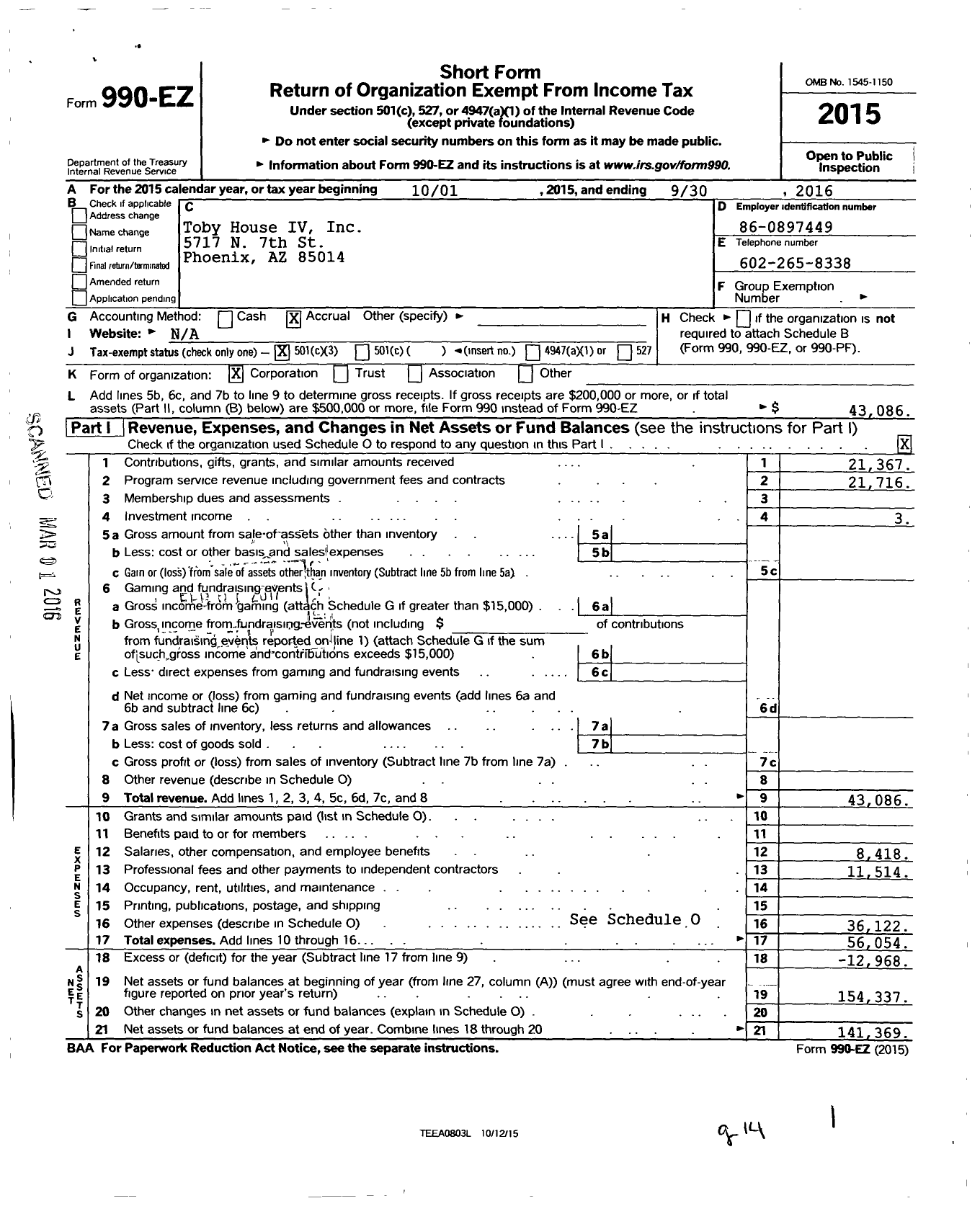 Image of first page of 2015 Form 990EZ for Toby House IV