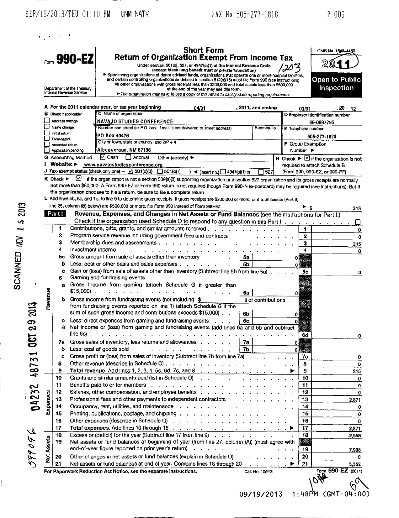 Image of first page of 2011 Form 990EZ for Dine Studies Conference