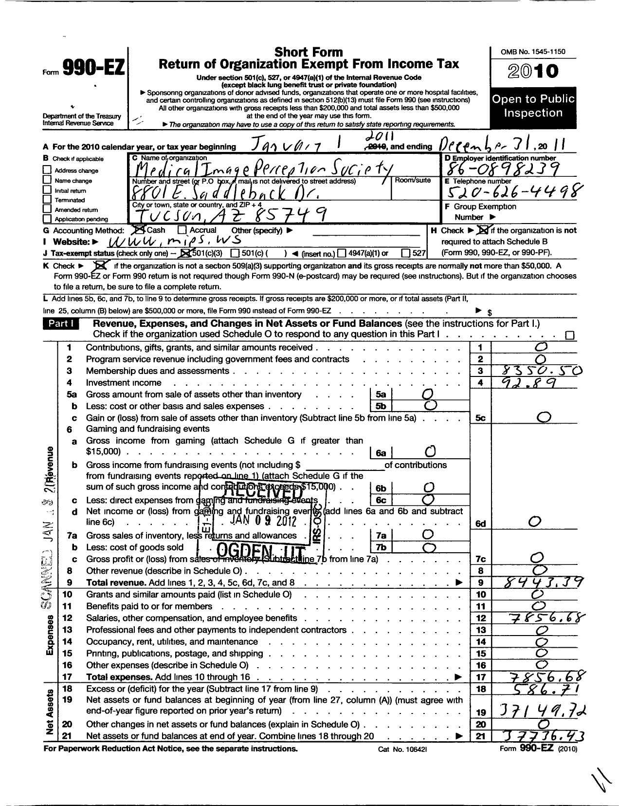 Image of first page of 2011 Form 990EZ for Medical Image Perception Society