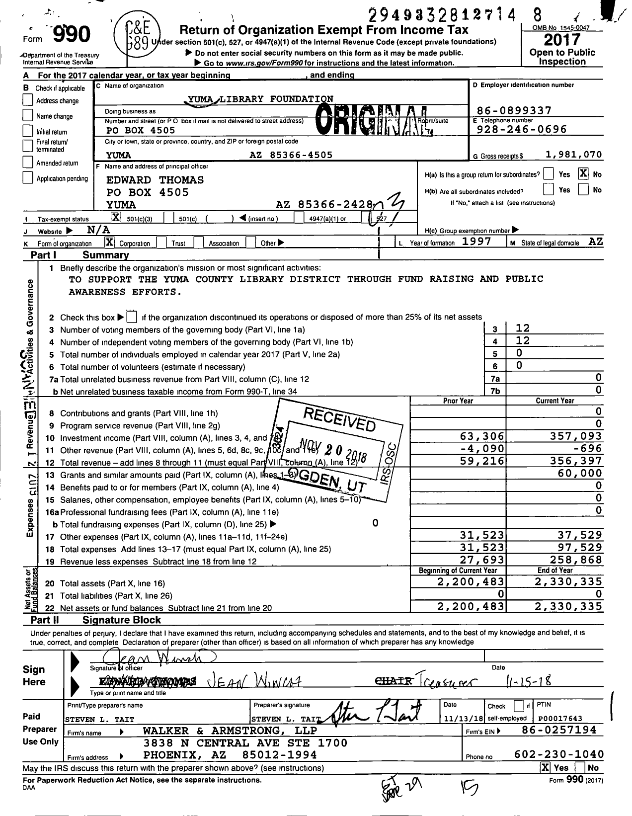 Image of first page of 2017 Form 990 for Yuma Library Foundation
