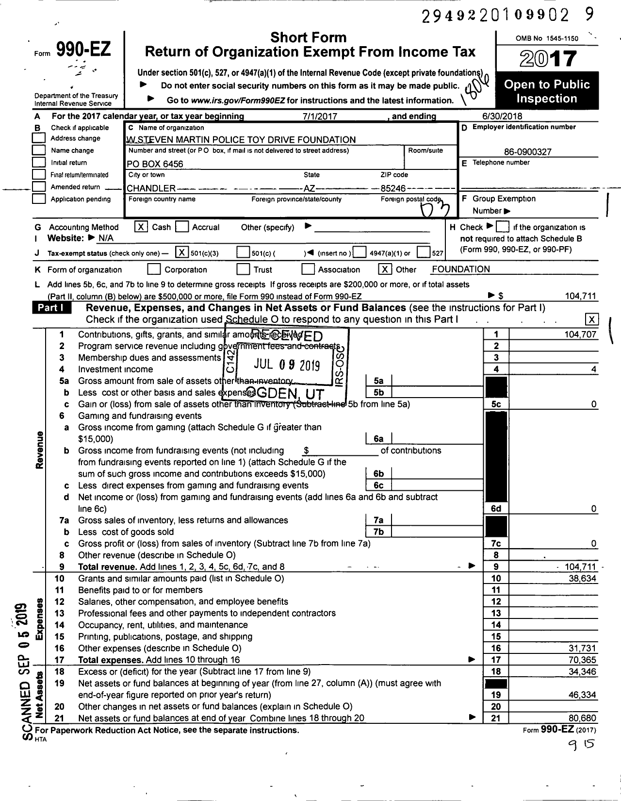 Image of first page of 2017 Form 990EZ for W Steven Martin Police Toy Drive Foundation