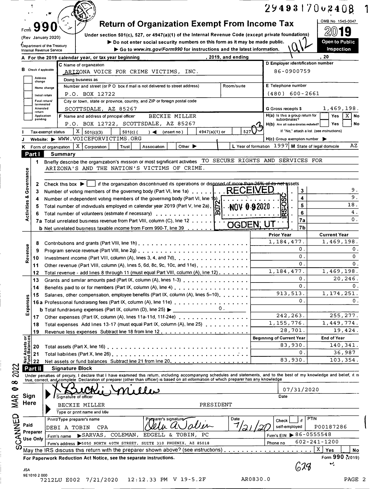 Image of first page of 2019 Form 990 for Arizona Voice for Crime Victims