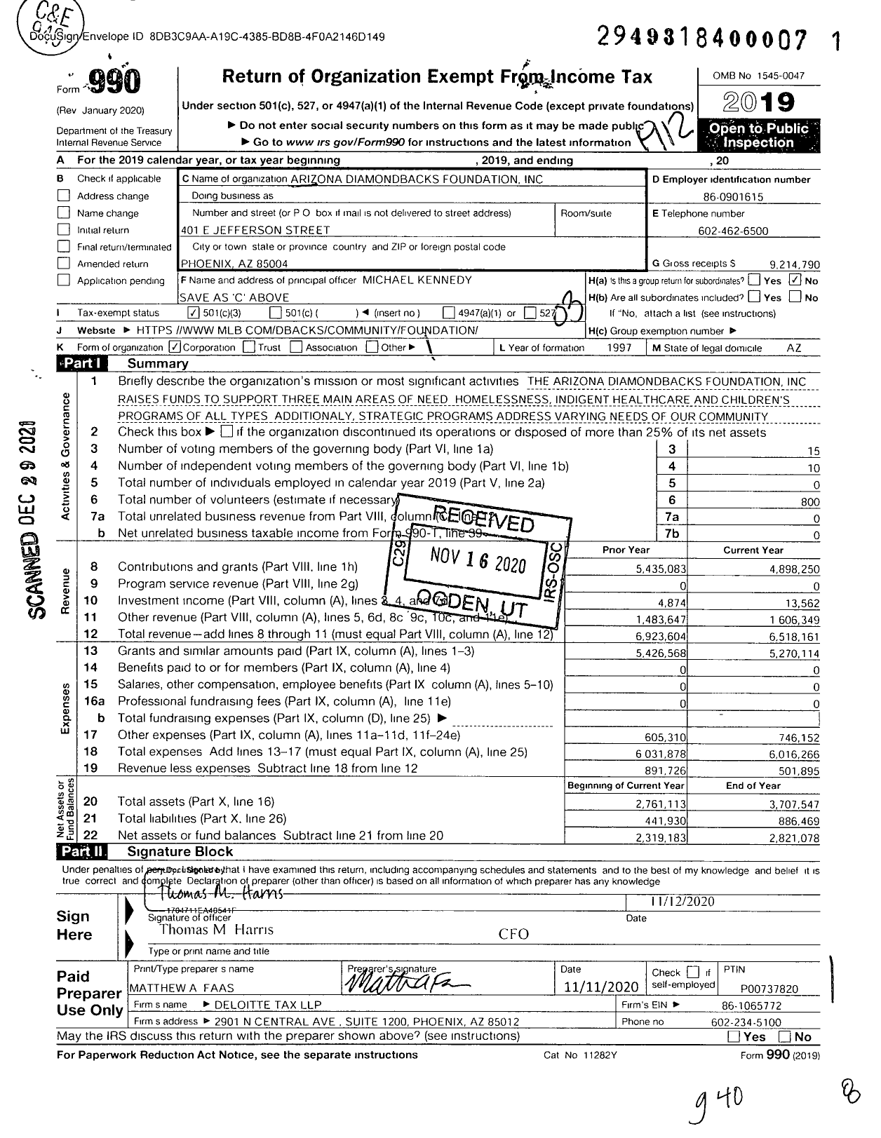 Image of first page of 2019 Form 990 for Arizona Diamondbacks Foundation