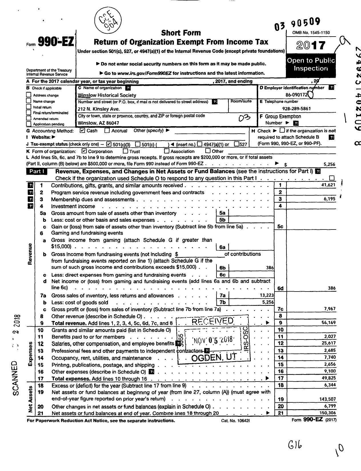 Image of first page of 2017 Form 990EZ for Winslow Historical Society / Old Trails Museum