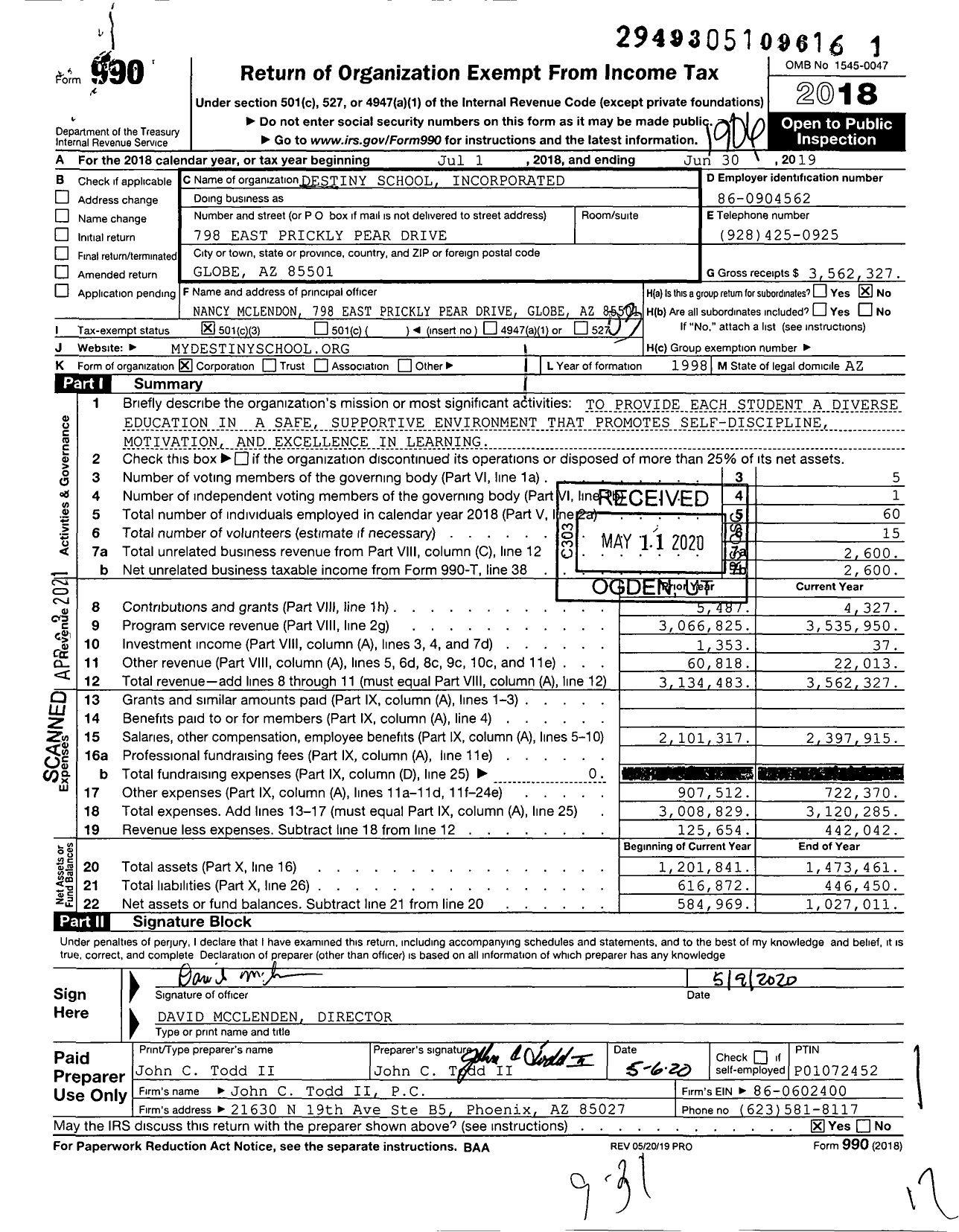 Image of first page of 2018 Form 990 for Destiny School Incorporated