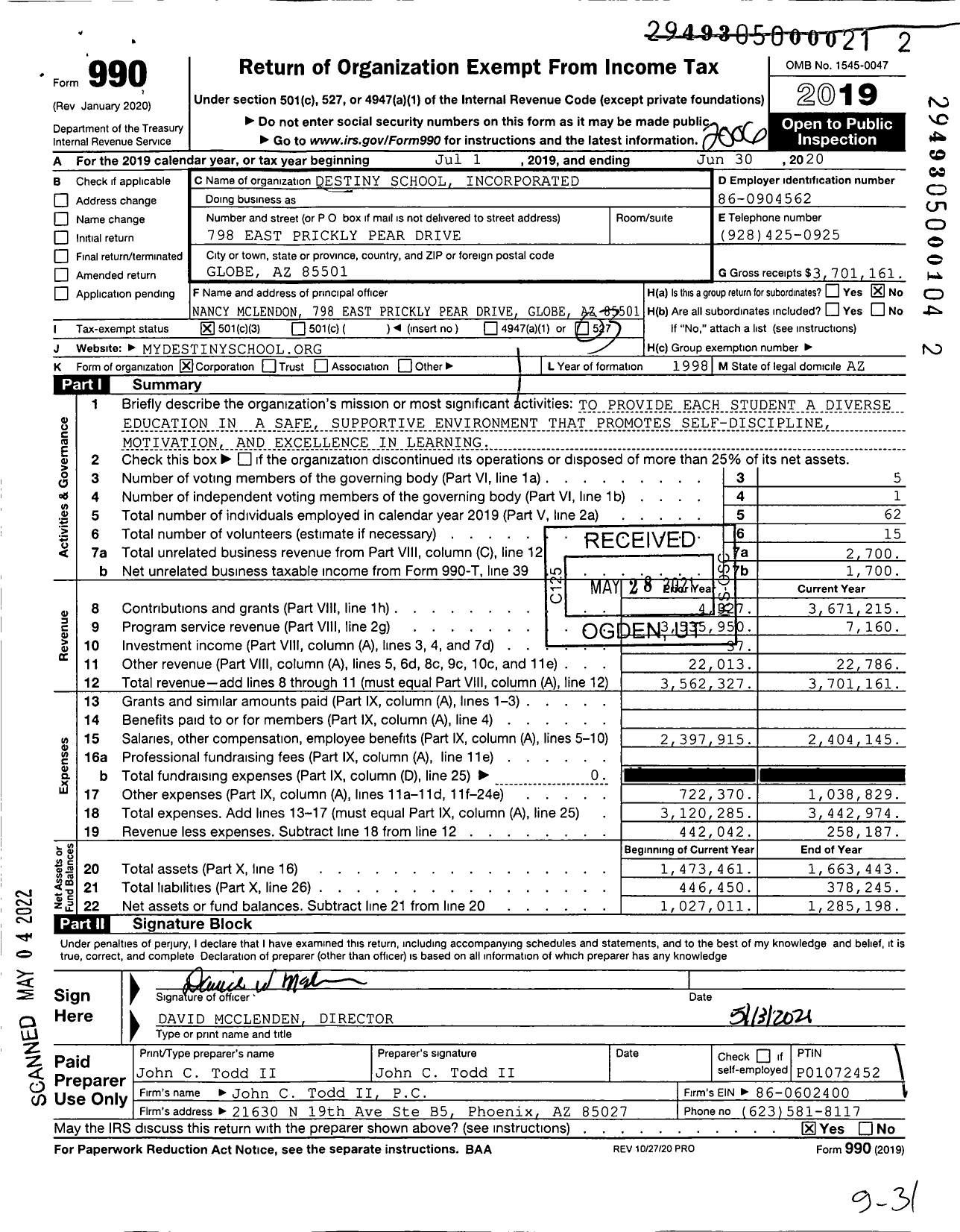 Image of first page of 2019 Form 990 for Destiny School Incorporated
