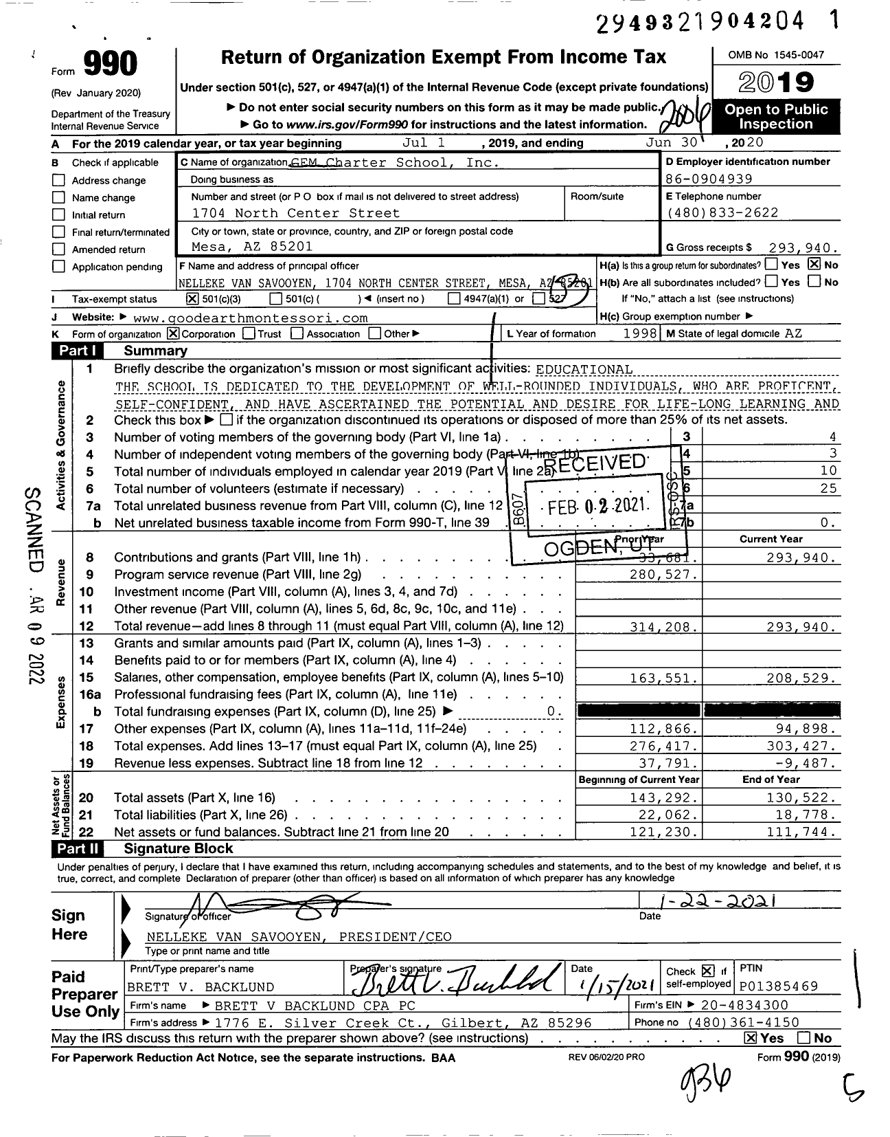 Image of first page of 2019 Form 990 for Gem Charter School