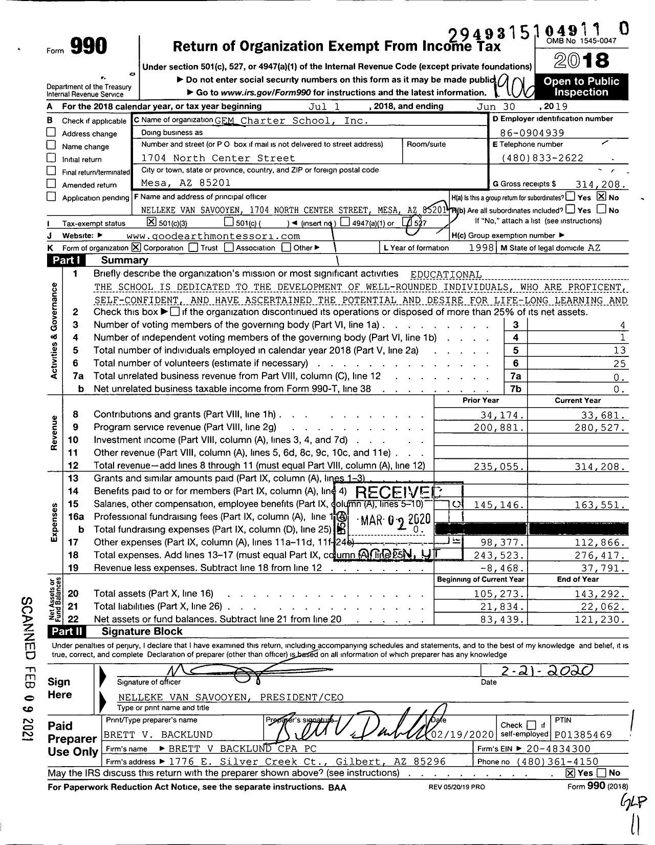 Image of first page of 2018 Form 990 for Gem Charter School