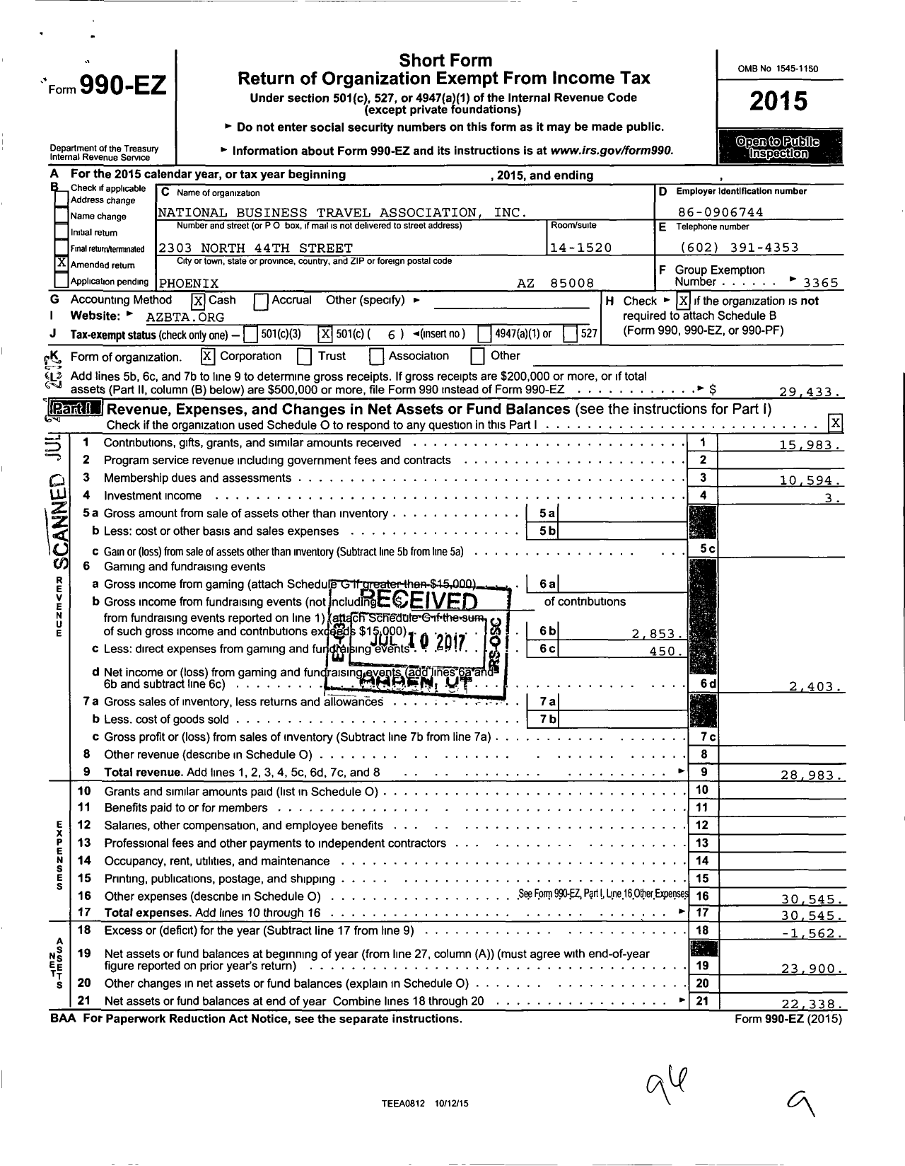 Image of first page of 2015 Form 990EO for Arizona Business Travel Association