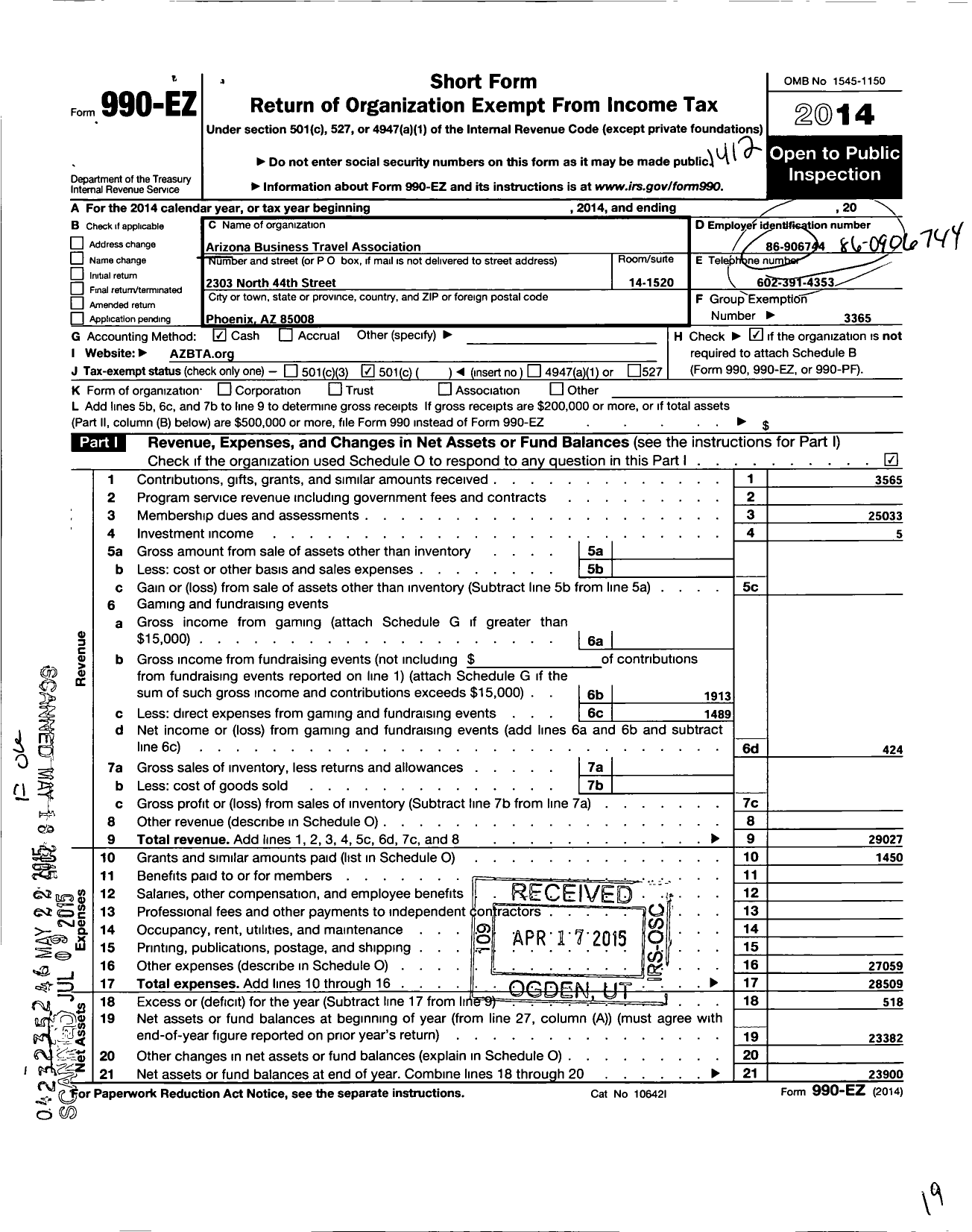 Image of first page of 2014 Form 990EO for Arizona Business Travel Association