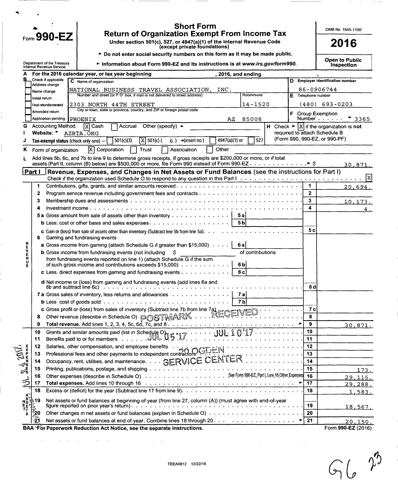 Image of first page of 2016 Form 990EO for Arizona Business Travel Association