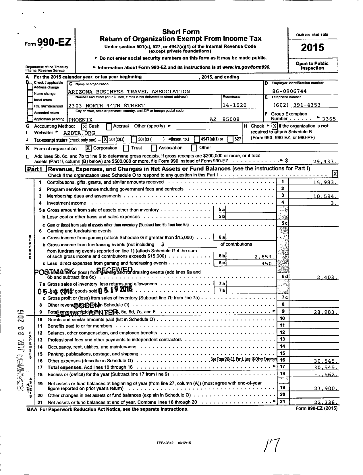 Image of first page of 2015 Form 990EZ for Arizona Business Travel Association