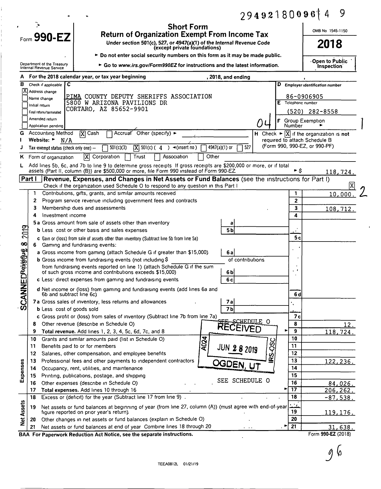 Image of first page of 2018 Form 990EO for Pima County Deputy Sheriffs Association