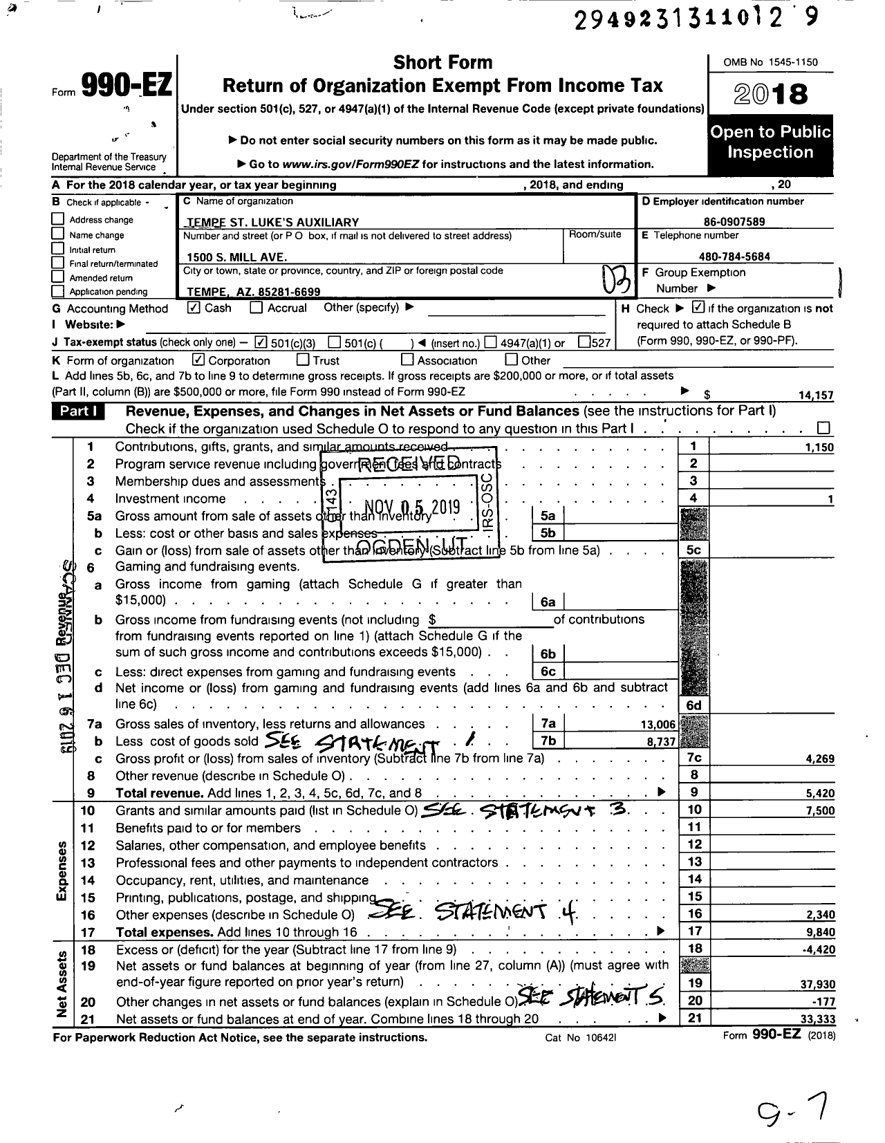 Image of first page of 2018 Form 990EZ for Tempe St Lukes Auxiliary