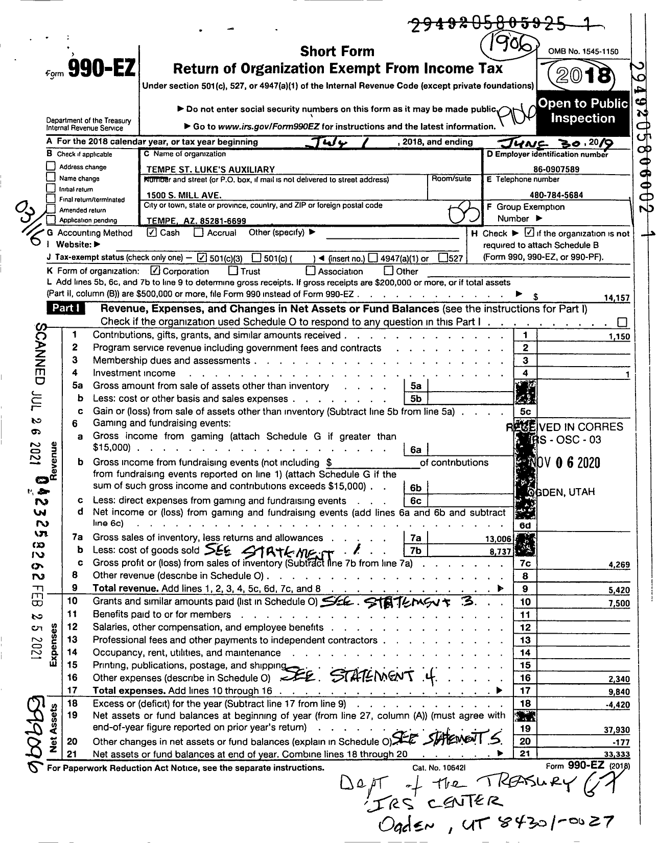 Image of first page of 2018 Form 990EZ for Tempe St Lukes Auxiliary