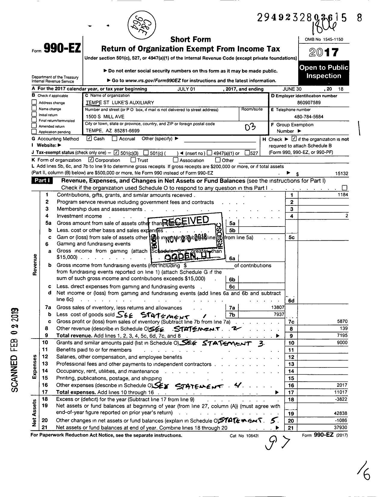 Image of first page of 2017 Form 990EZ for Tempe St Lukes Auxiliary