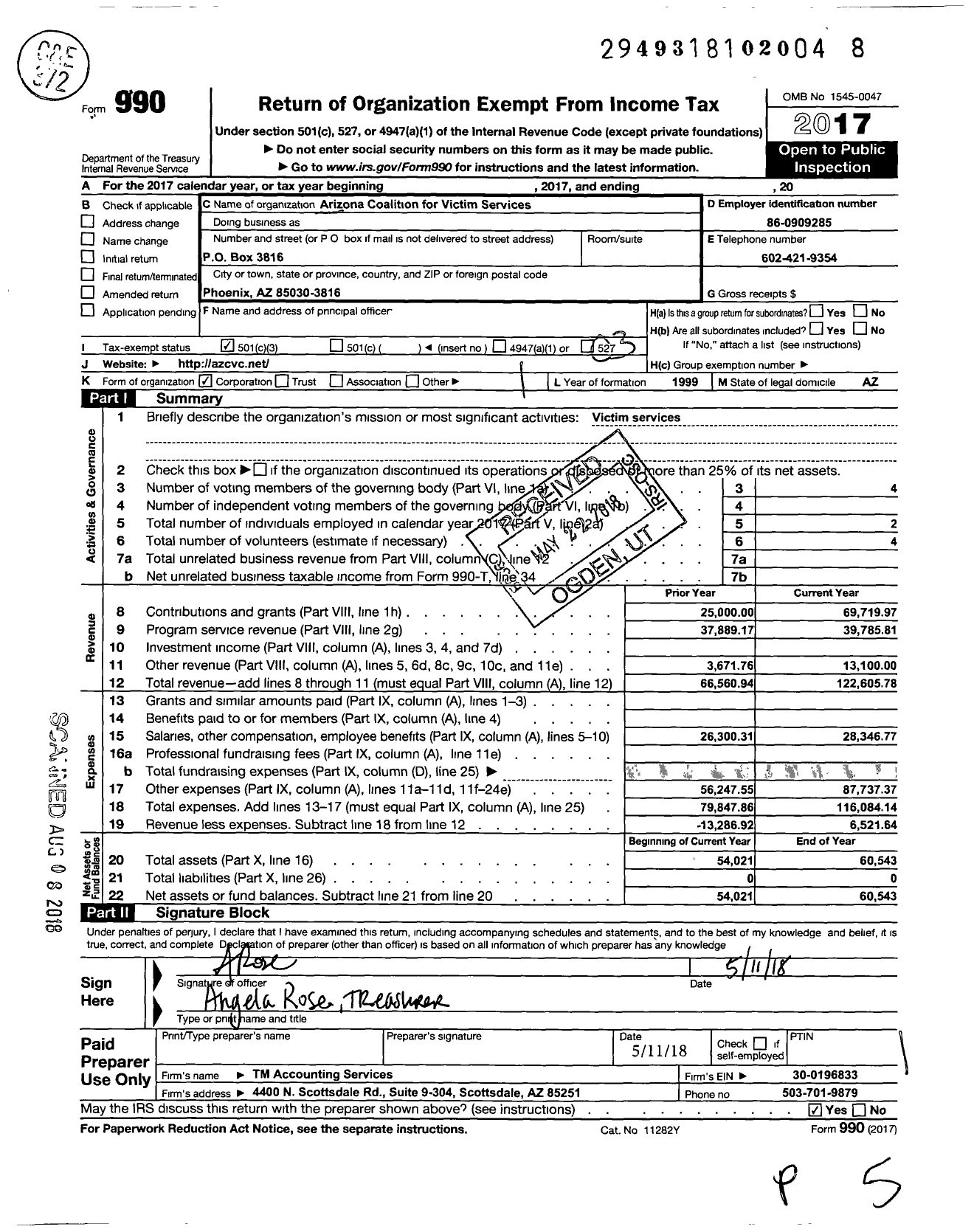 Image of first page of 2017 Form 990 for Arizona Coalition for Victim Services