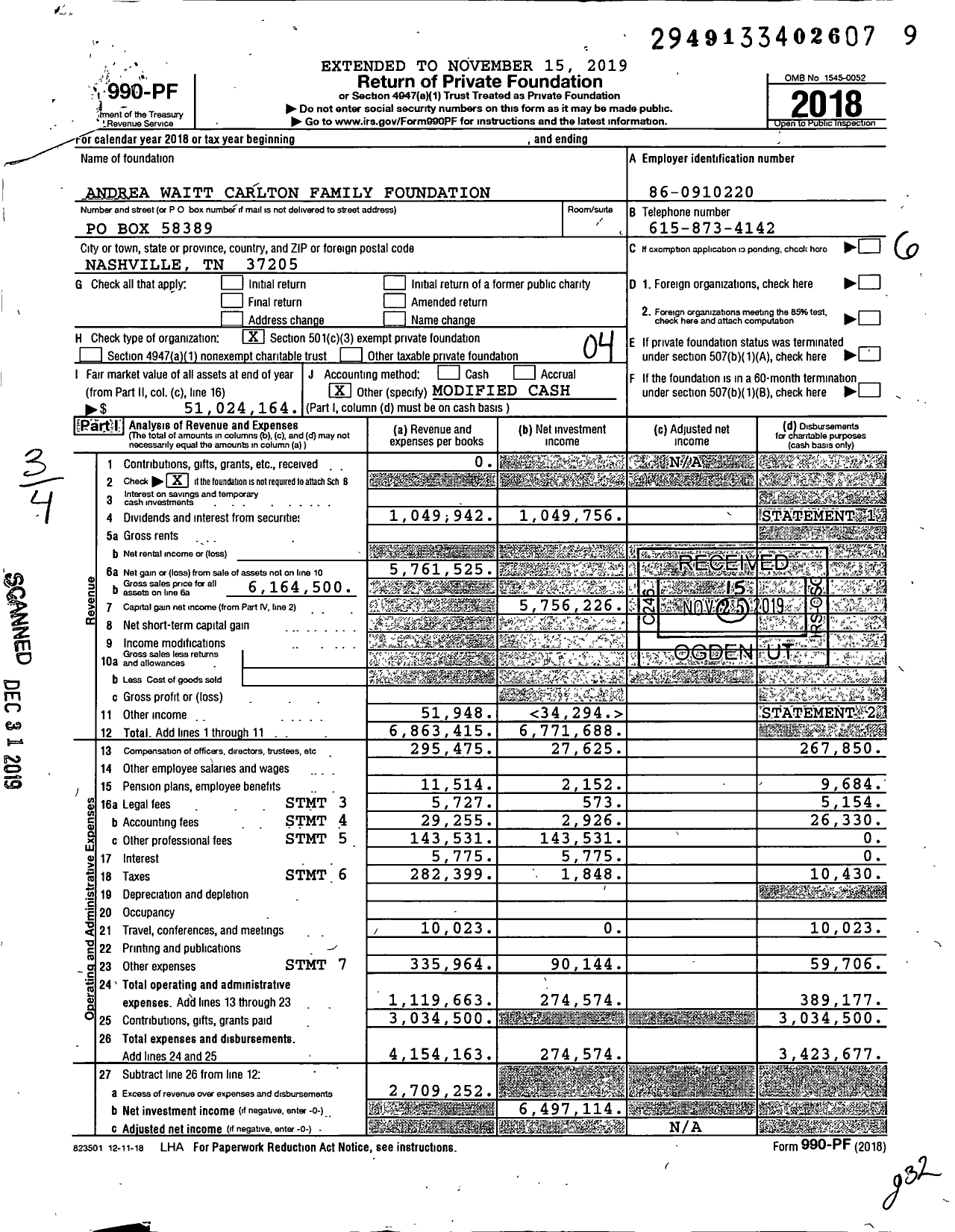 Image of first page of 2018 Form 990PF for Andrea Waitt Carlton Family Foundation