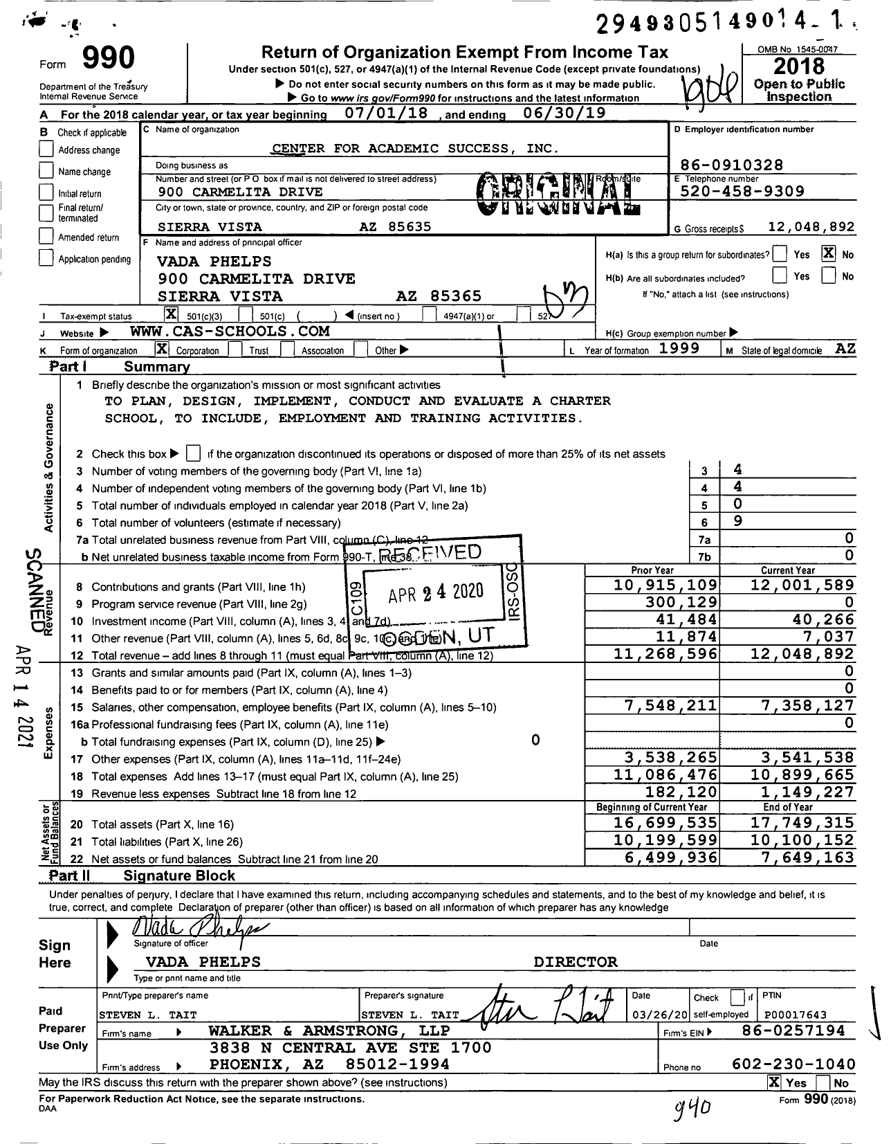 Image of first page of 2018 Form 990 for Center for Academic Success (CAS)