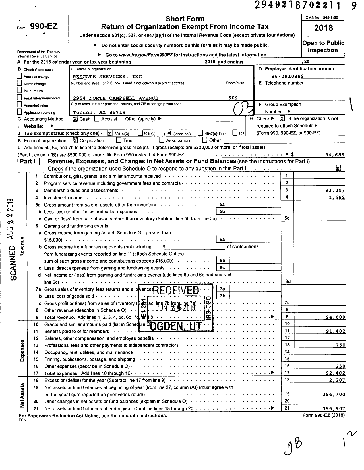 Image of first page of 2018 Form 990EZ for Rescate Services