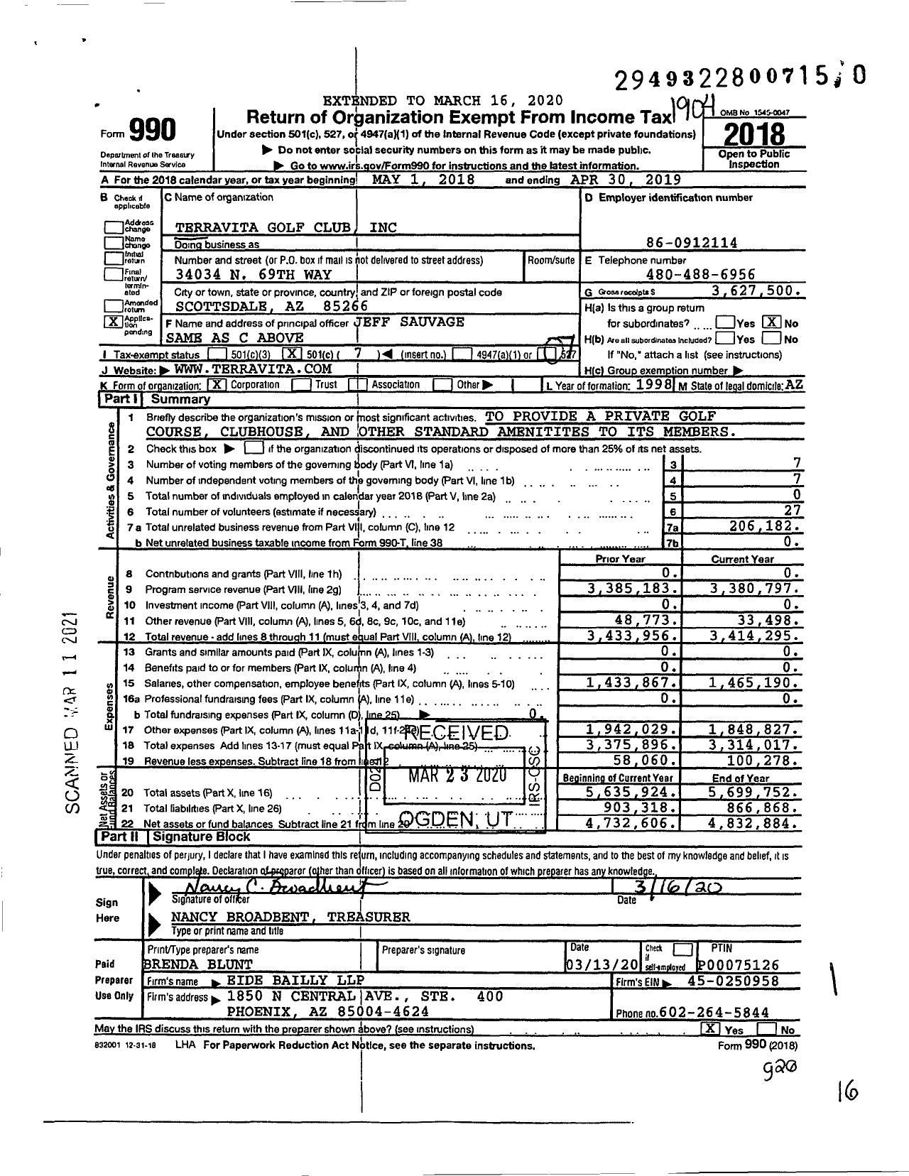 Image of first page of 2018 Form 990O for Terravita Golf Club