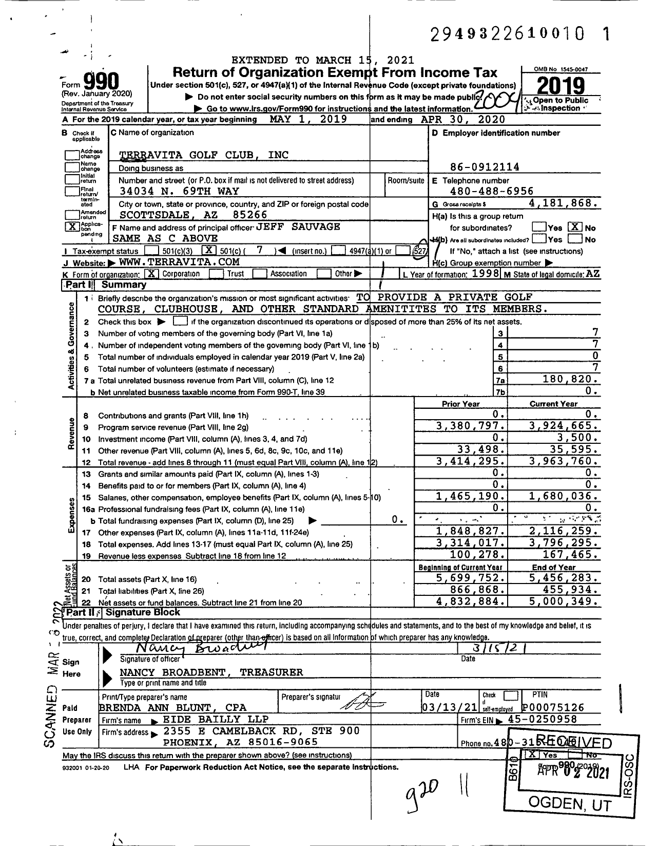 Image of first page of 2019 Form 990O for Terravita Golf Club