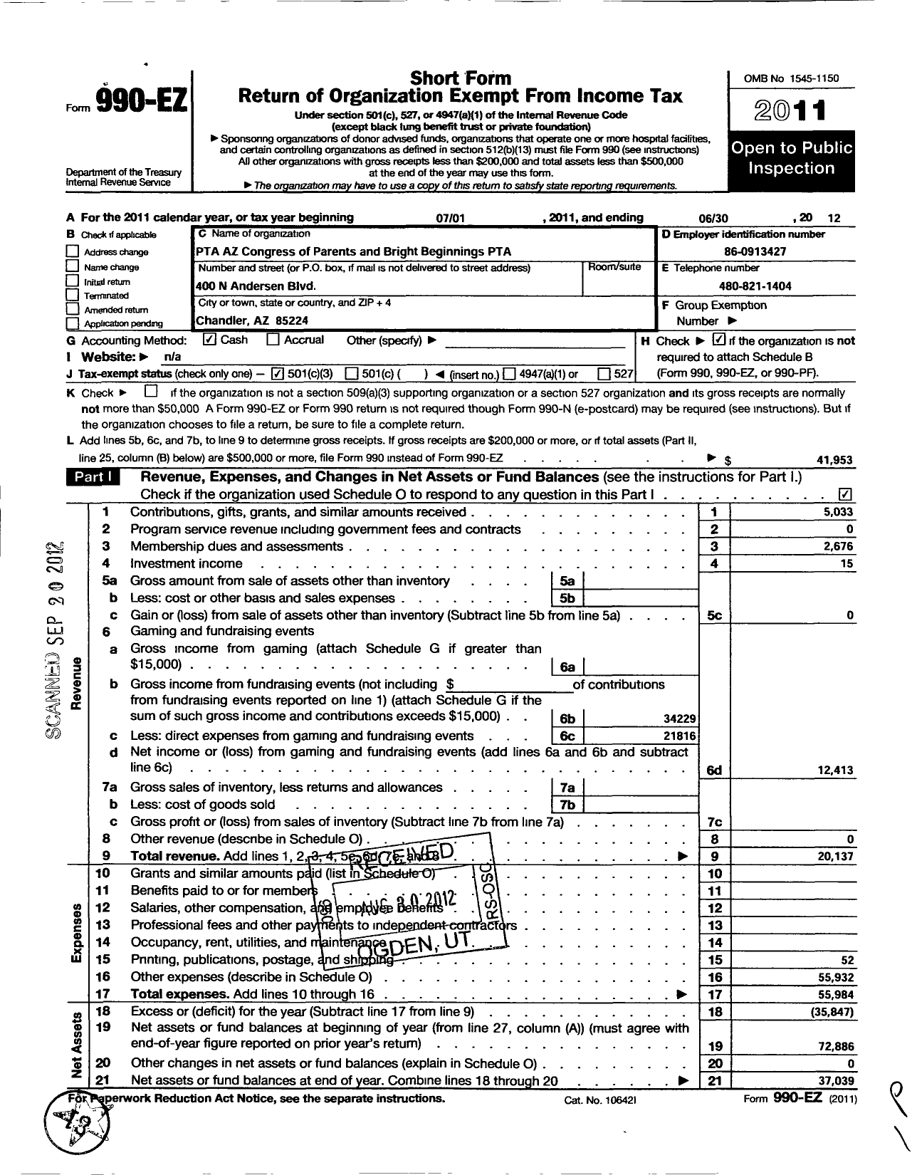 Image of first page of 2011 Form 990EZ for PTA Arizona Congress of Parents and Teachers / Bright Beginnings Ptsa