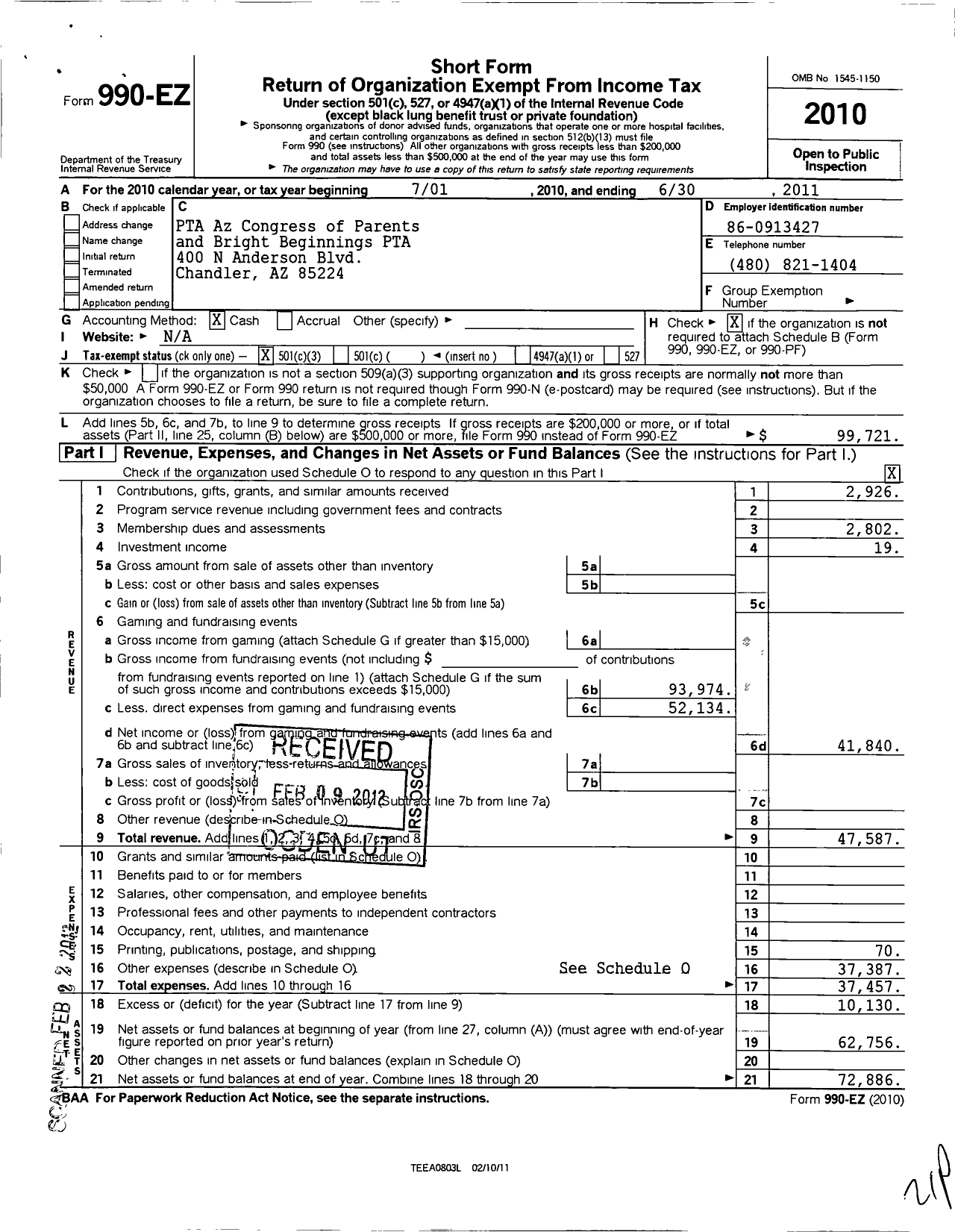 Image of first page of 2010 Form 990EZ for PTA Arizona Congress of Parents and Teachers / Bright Beginnings Ptsa