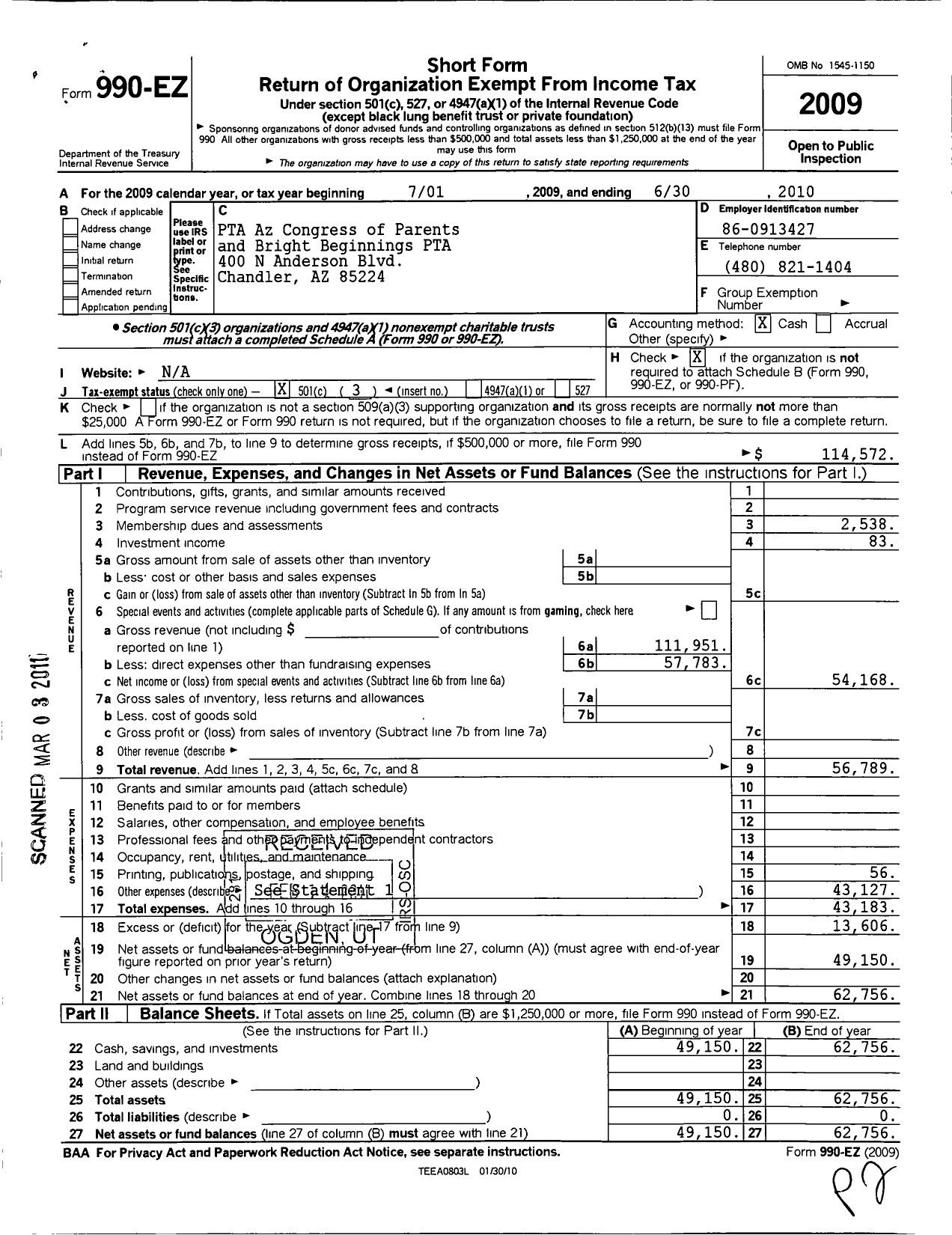 Image of first page of 2009 Form 990EZ for PTA Arizona Congress of Parents and Teachers / Bright Beginnings Ptsa