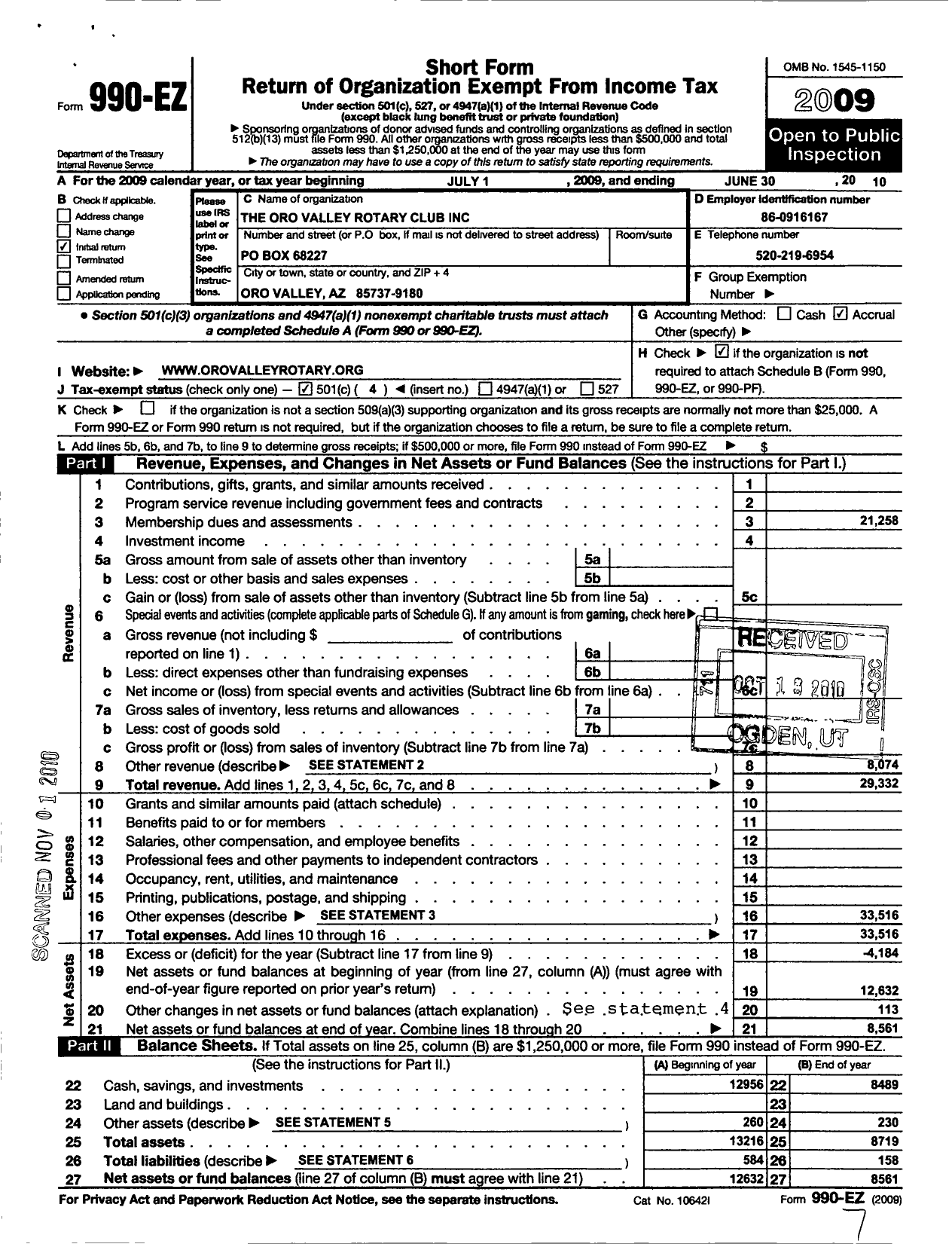 Image of first page of 2009 Form 990EO for Rotary International - Oro Valley