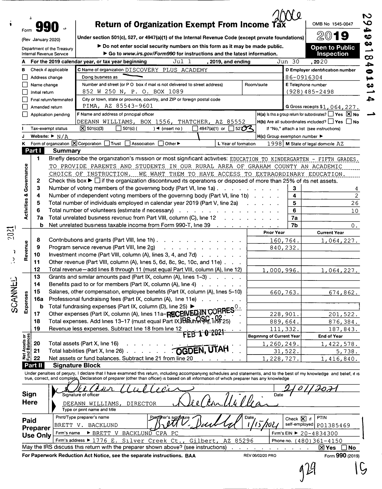 Image of first page of 2019 Form 990 for Discovery Plus Academy